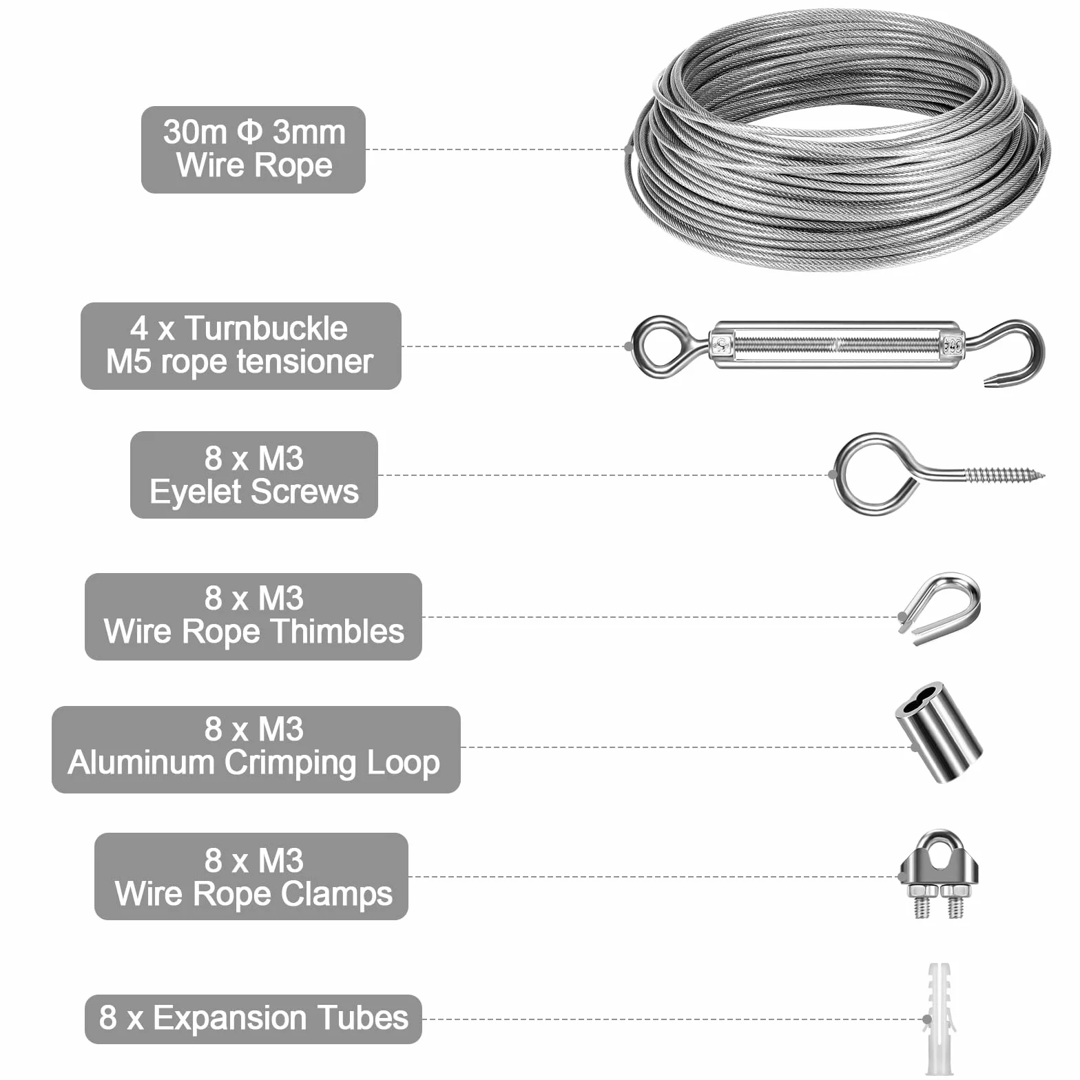 Kit de cables de acero inoxidable 30m Φ 3mm, cable recubierto PVC con tensor M5 para plantas trepadoras