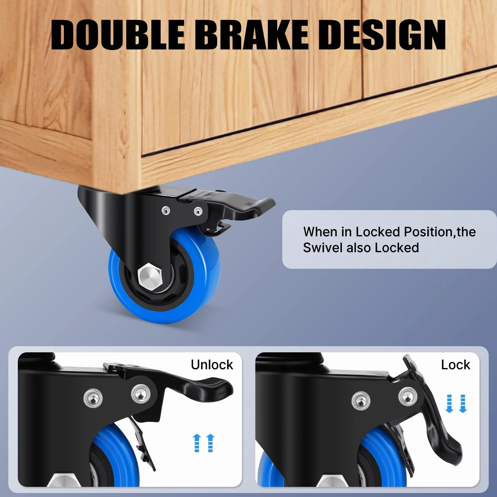 Ruedas para Muebles Pesados 50mm con Vástago Roscado M8 x 1,25x 25mm, Giratorias Carga 270KG, 360° Pivotantes con Freno, Juego de 4