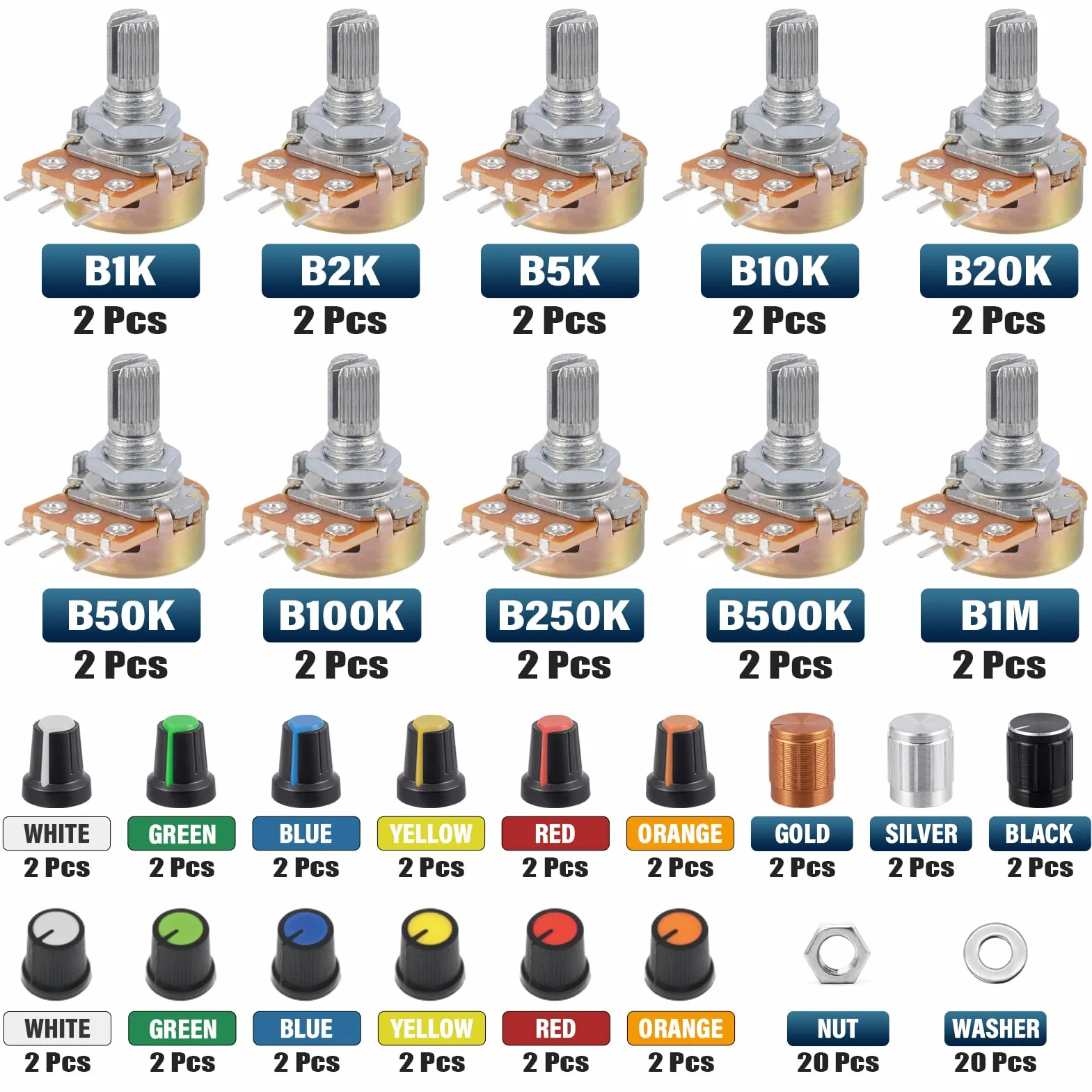 WH148 Potenciómetro Lineal Rotativo Cónico B1K B2K B5K B10K B20K B50K B100K B250K B500K B1M 3 Terminales con Perilla