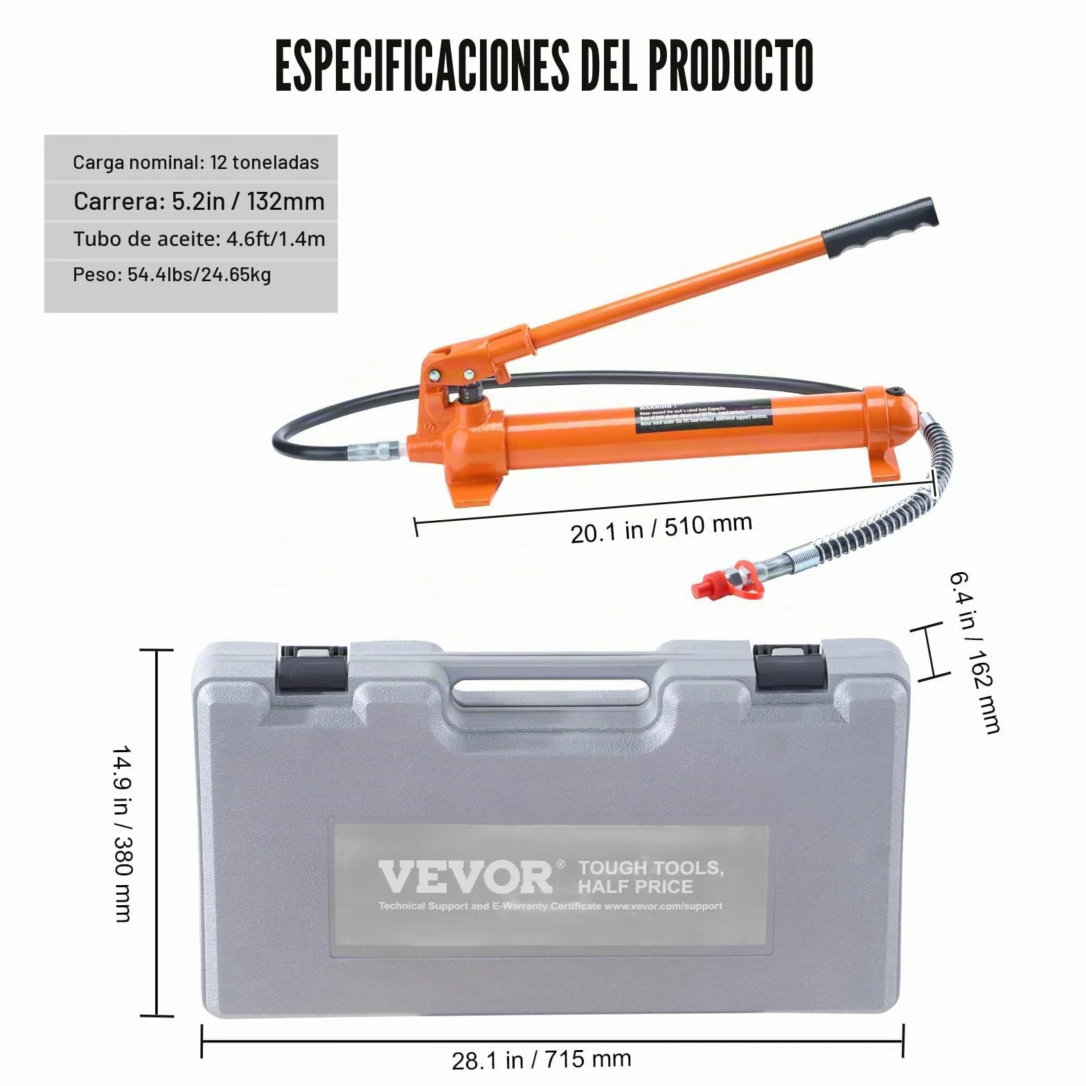 VEVOR Kit de Cilindro Hidráulico 12 T Gato Portátil con Manguera 1,4 m