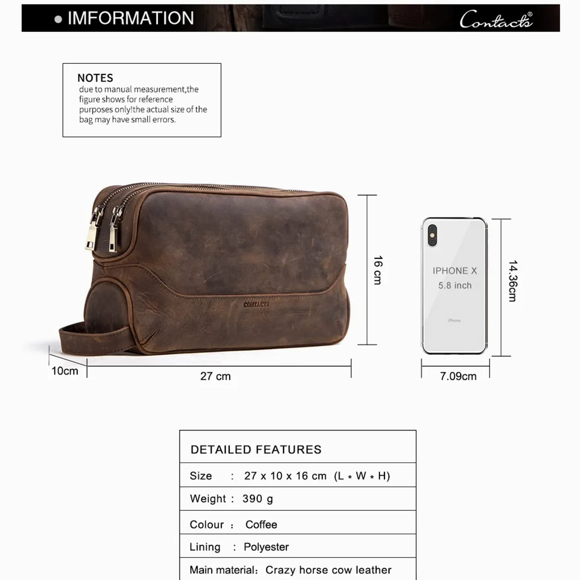 Contactos Hombre Bolsa de Aseo de Negocios de Viaje de Cuero de Vaca con Gran Capacidad Doble Cremallera, 5#café, Taille Unique, Bolsa de Aseo