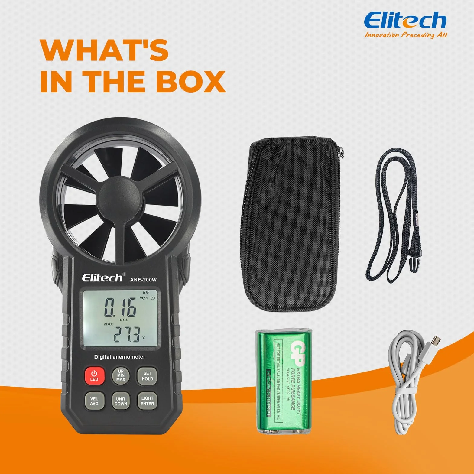 Elitech Anemómetro Digital Bluetooth ANE-200W Medidor Velocidad Viento Temperatura USB CFM/CMM