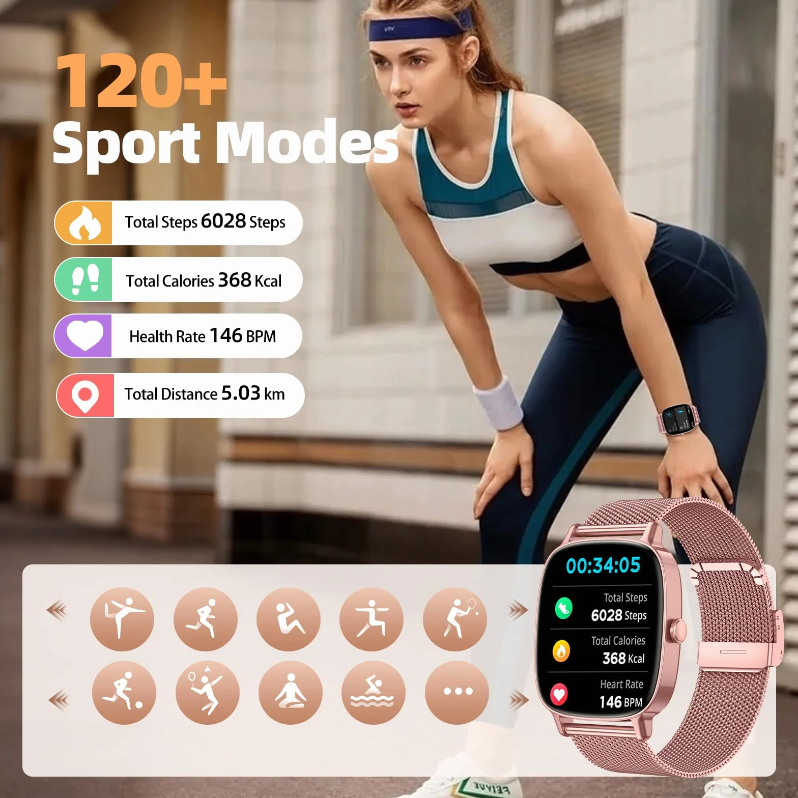 Reloj Inteligente Mujer,Respuesta/Realización Llamadas,Pantalla Ultra Nítida 1.85''HD,Monitor Fitness Tracker Frecuencia Cardíaca,Sueño/SpO2,Compatible IOS/Android,120+Modos Deportivos,IP68 y 2Correas