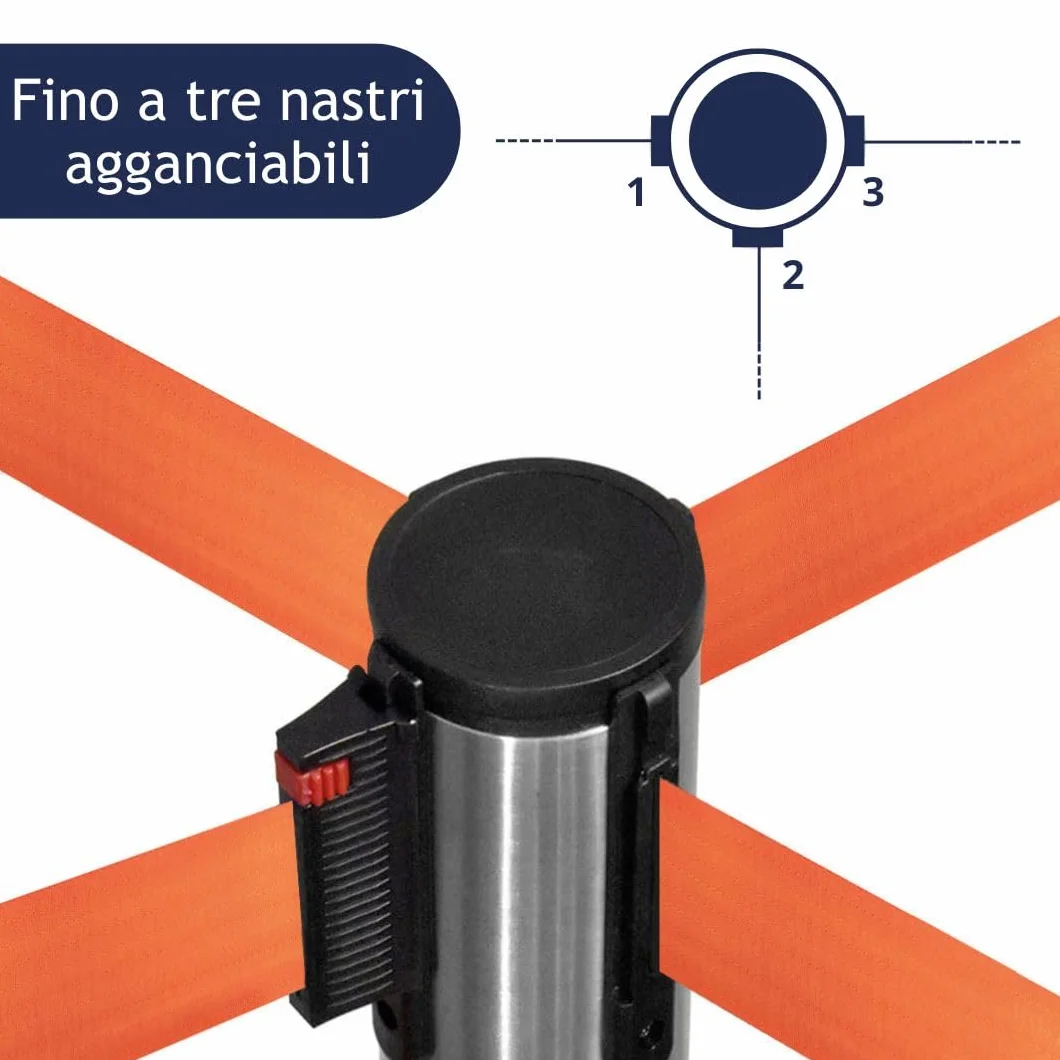 Postes Separadores de Acero Cromado Pulido con Cinta 3mt Base Antideslizante Naranja
