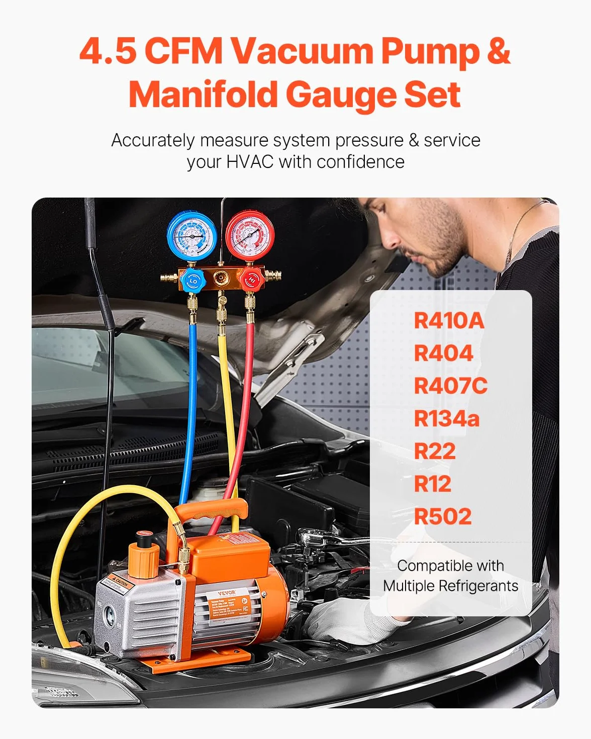 VEVOR Bomba de Vacío 4,5 CFM 1 Etapa Manómetro de Aire Acondicionado Kit Colector Refrigerante R134a R12 R22 R502a R410A R404 R407C