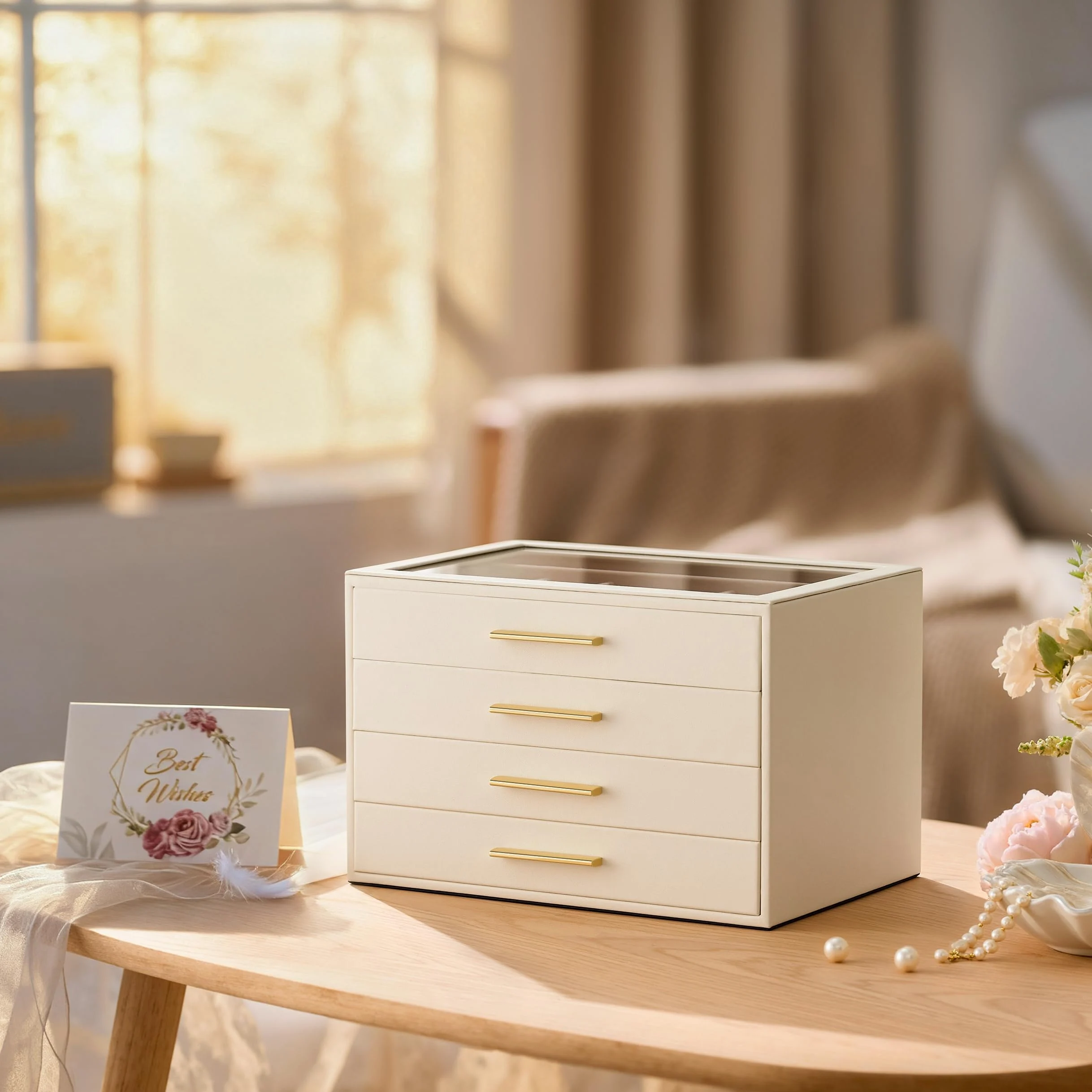 Joyero Organizador para con Ventana de Cristal, Caja Guardajoyas de 4 Capas | Cuero Blanco Marfil y Terciopelo Rosa - Estuche Organizador de Joyas para Anillos, Pendientes, Collares, Pulseras y Relojes,