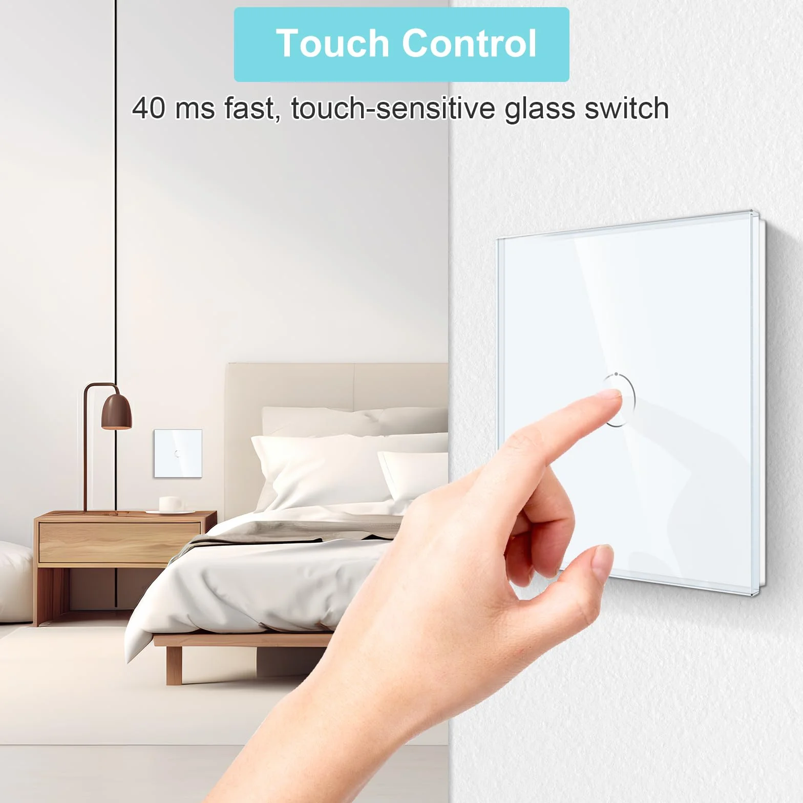 Interruptor de luz táctil CNBINGO 1 vía, panel de vidrio blanco, retroiluminación LED, sin neutro, 500W, 1-Gang, 2-Pack