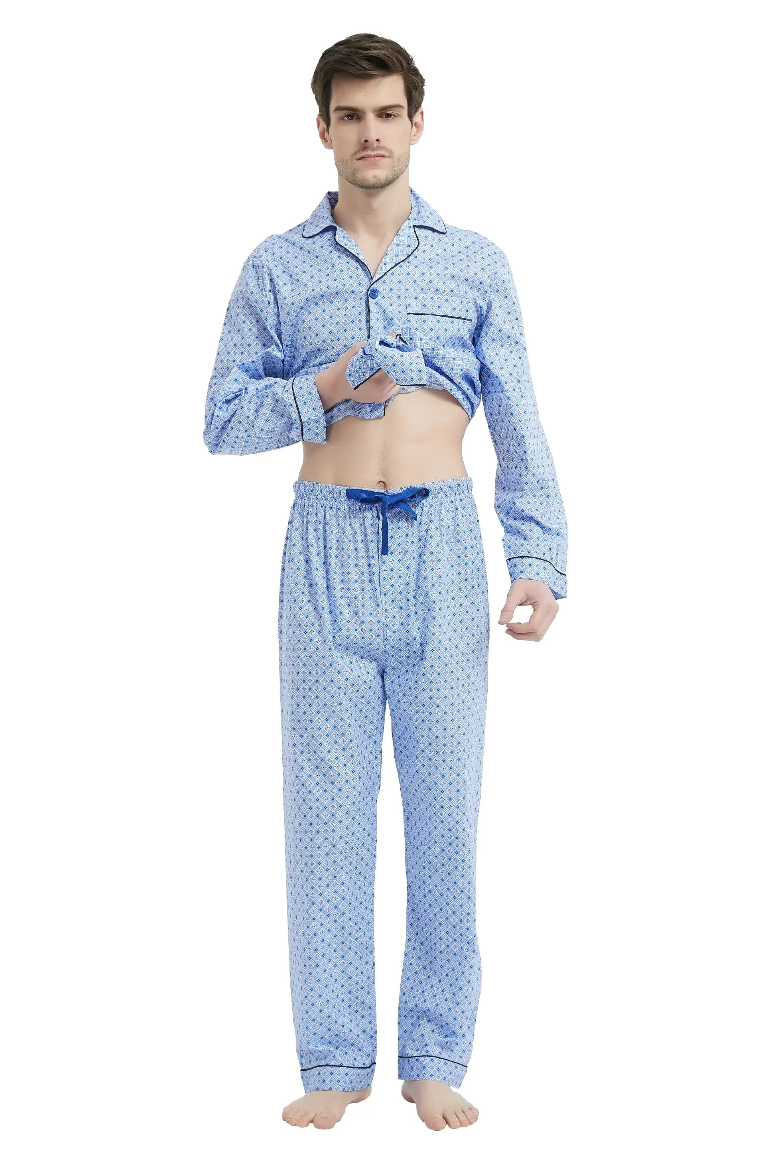 Amaxer Pijama de algodón de Manga Larga para Hombre, Amplio y cómodo, con Estampado de Rayas, Bolsillos y cordón de Ajuste