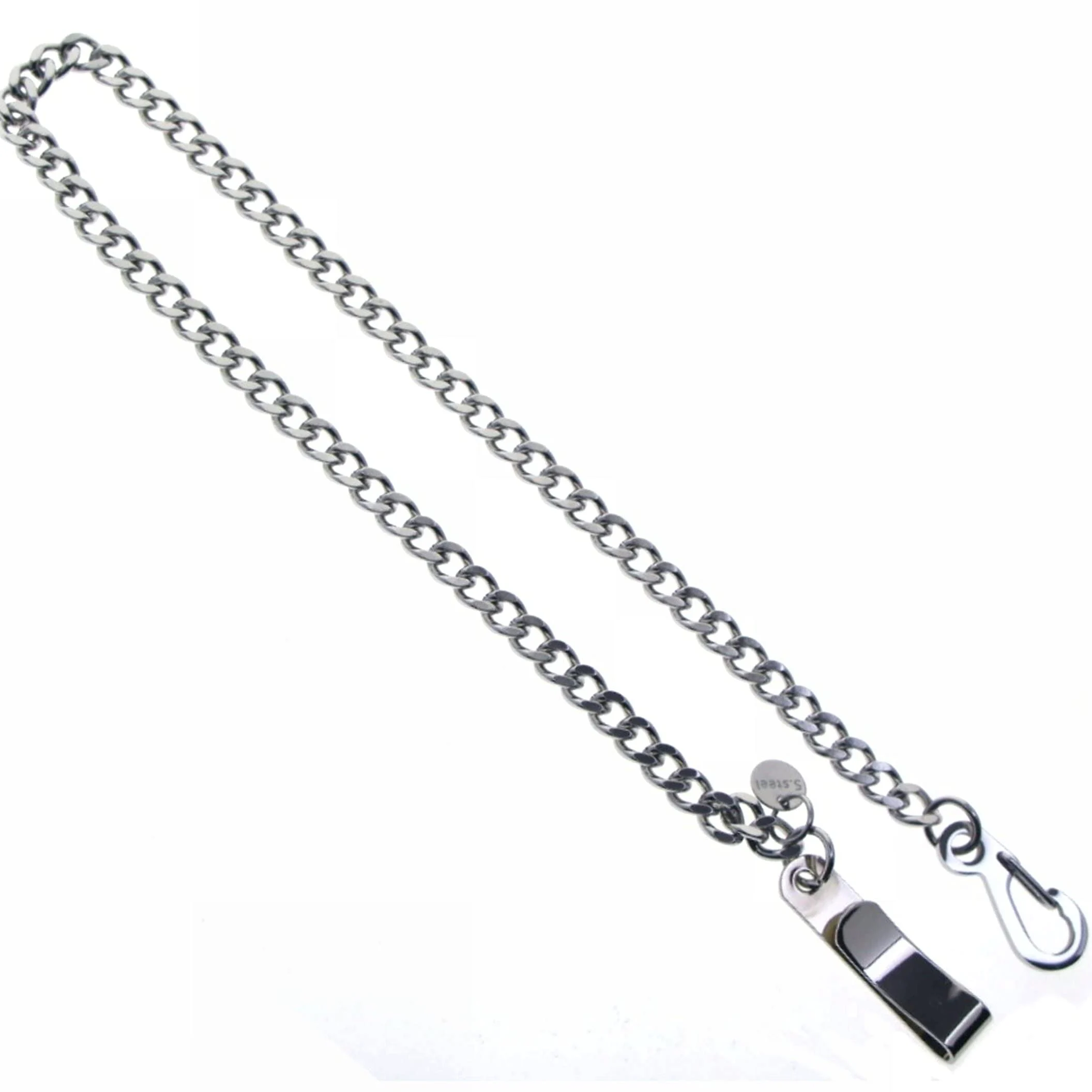 Cadena de reloj de bolsillo de acero inoxidable con cadena de eslabones de acero, clip de cinturón de acero y cierre de pulido de acero FCS90, Silver