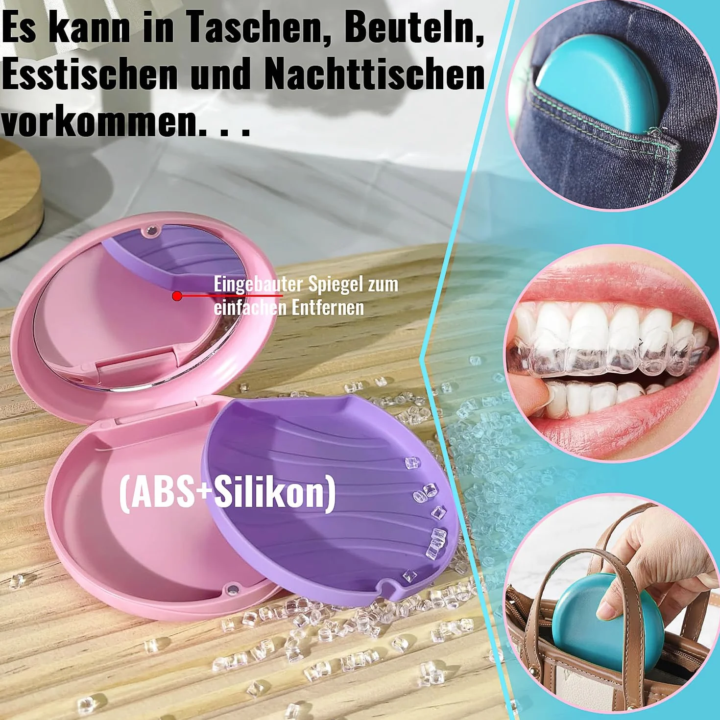 Caja de Dentaduras Portátil con Espejo 2 PC para Retenedores Soportes Protectores Bucales Azul y Rosa
