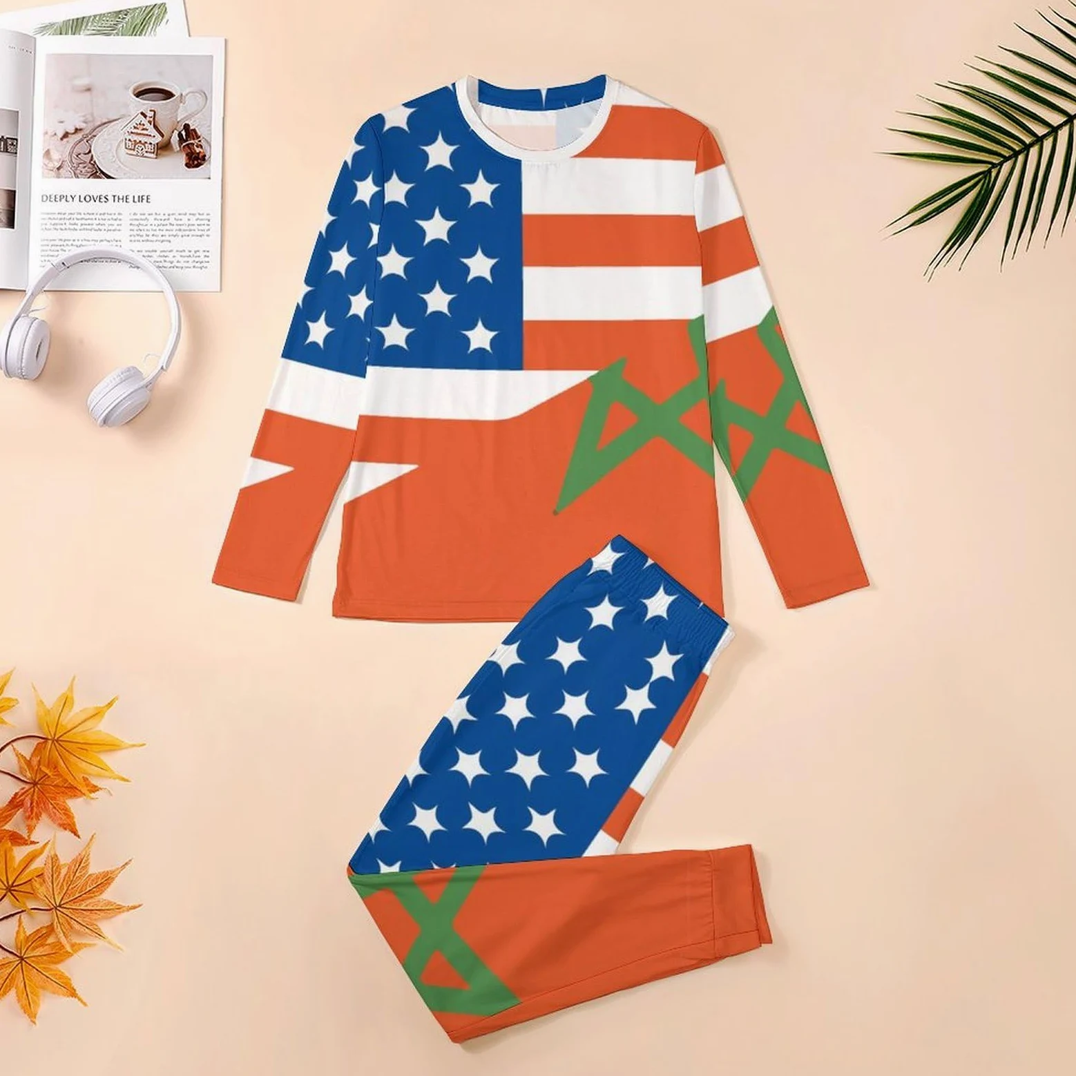 Conjunto de pijama para hombre con media bandera de Marruecos de Estados Unidos, cuello redondo, ropa de dormir larga, 2 piezas