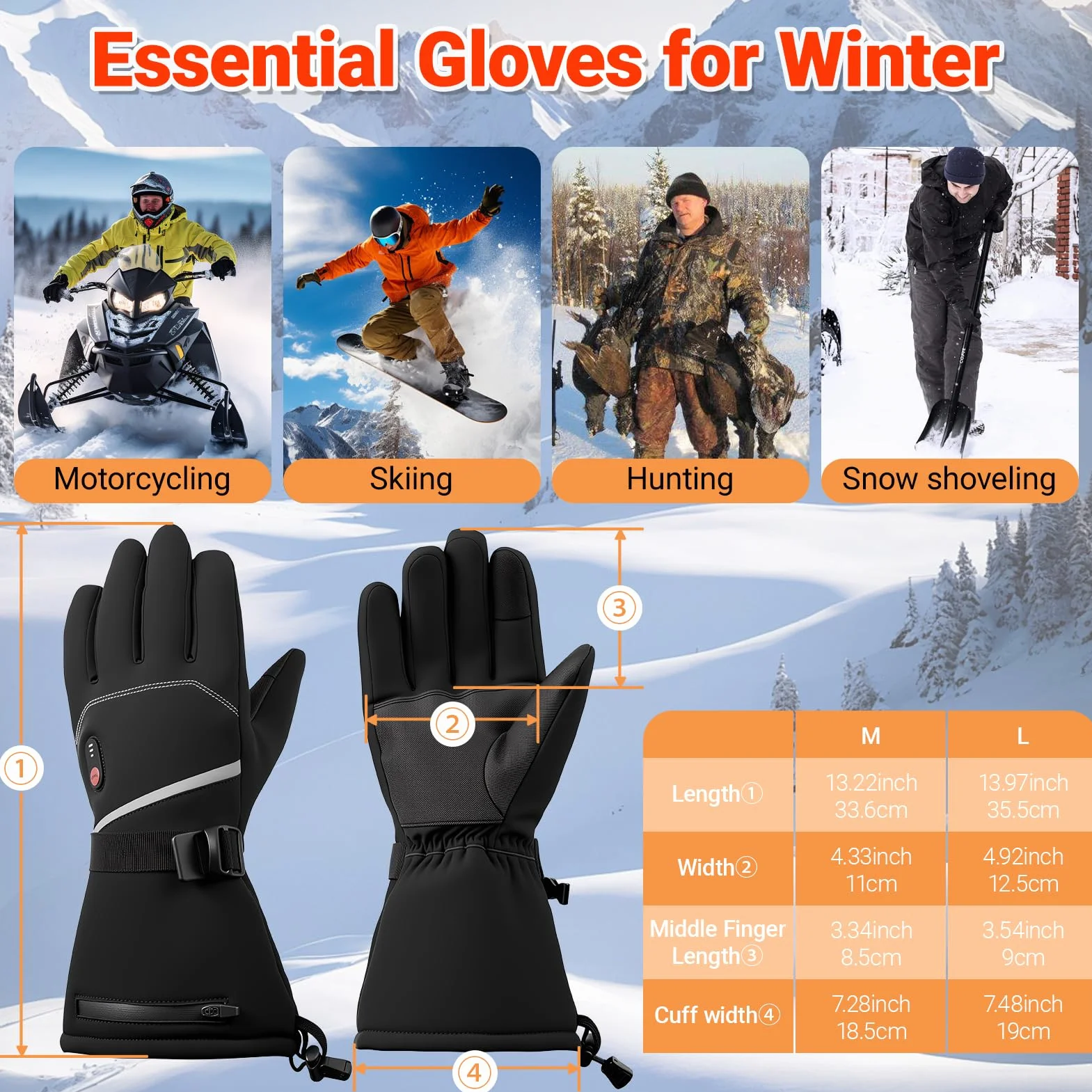 20000mAh Guantes Calefactables para Hombre y Mujere, 7.4V Rápido Calentamiento Guantes Calientes Recargables, 3 Temperaturas, Pantalla Táctil, Impermeable, Antideslizante, Adecuado para el Invierno