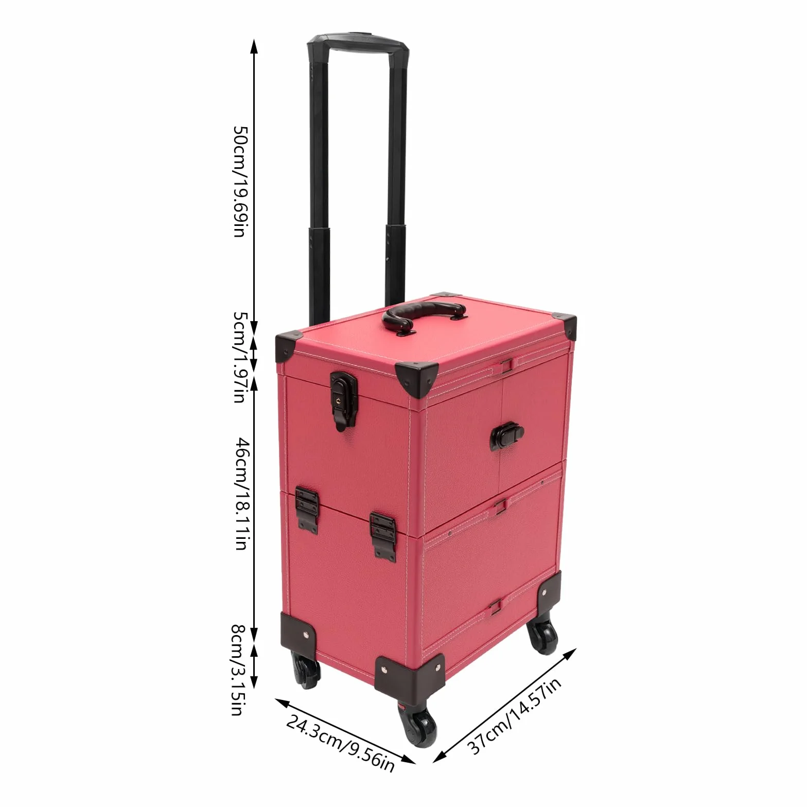 Maletín de maquillaje profesional con ruedas, con espejo, 2 llaves y 4 ruedas, maletín de peluquería con cerradura multifunción, maletín de maquillaje para mujer, Rosa, 37*24.3*101cm/14.57