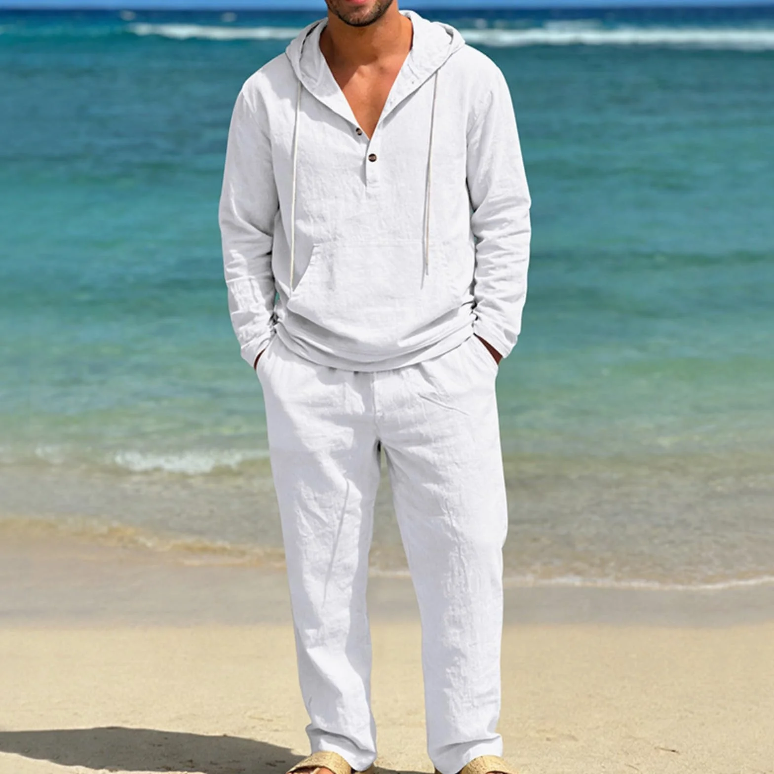 Generisch Ropa de lino para hombre, traje deportivo ligero de manga larga, sudadera de 2 piezas con capucha y pantalones de playa, traje de ocio, traje de jogging informal, chándal informal para