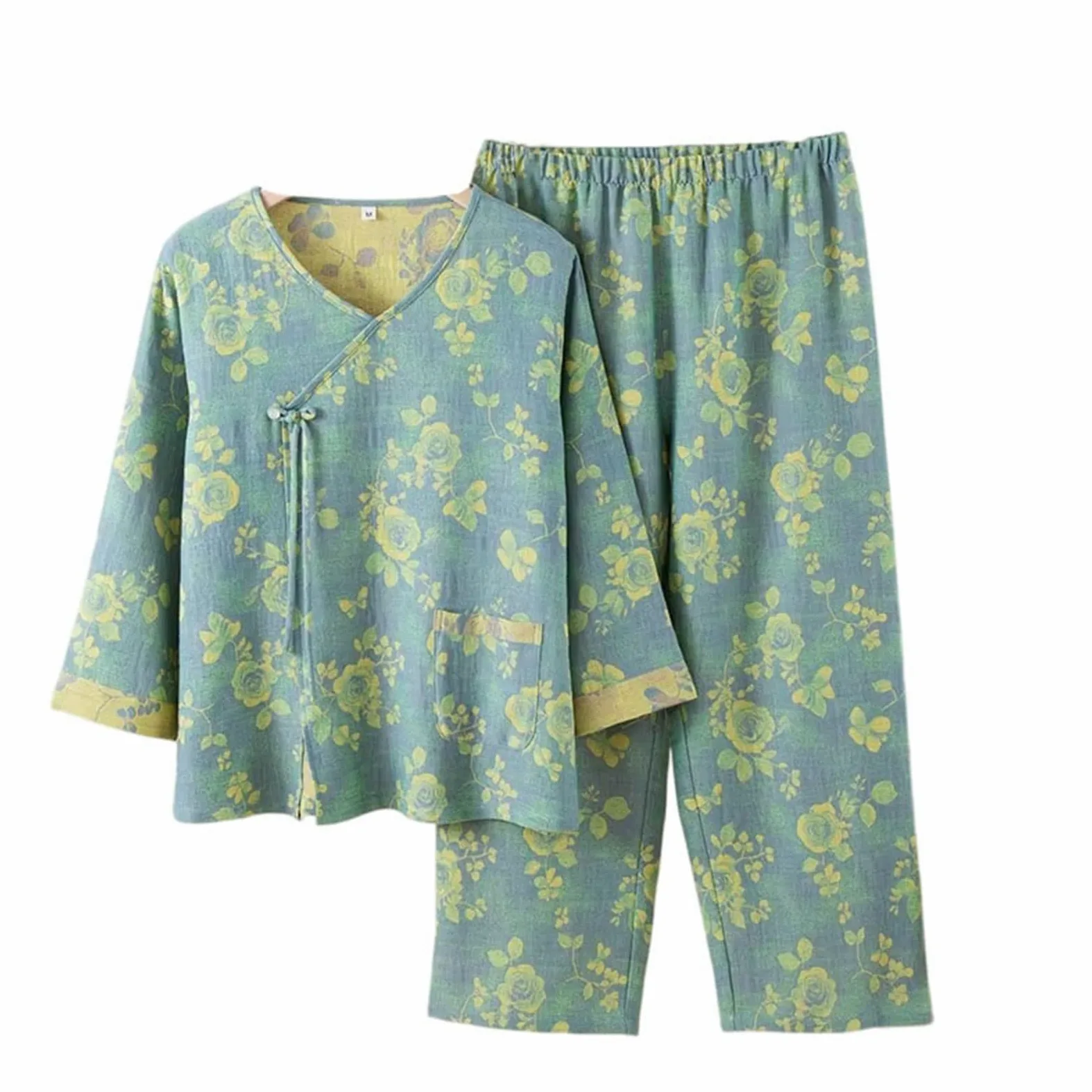 Conjunto de pijama retro de algodón para mujer, 2 piezas, ropa de noche suelta, pijama para mujer