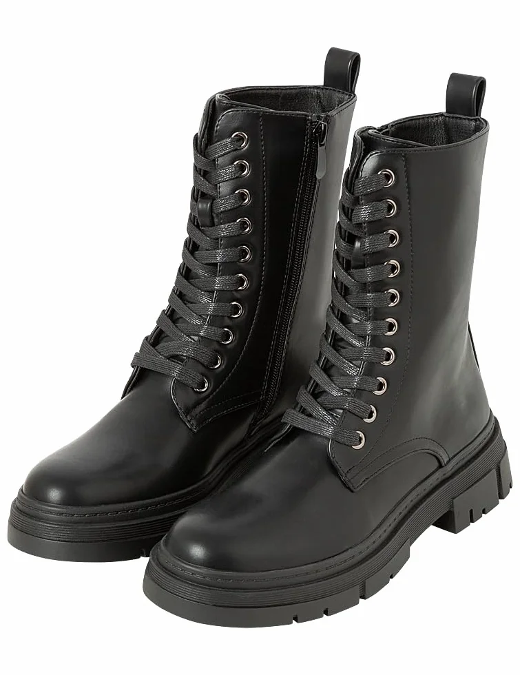 SPRINGFIELD Black PU Military Boot, Bota Militar Mujer