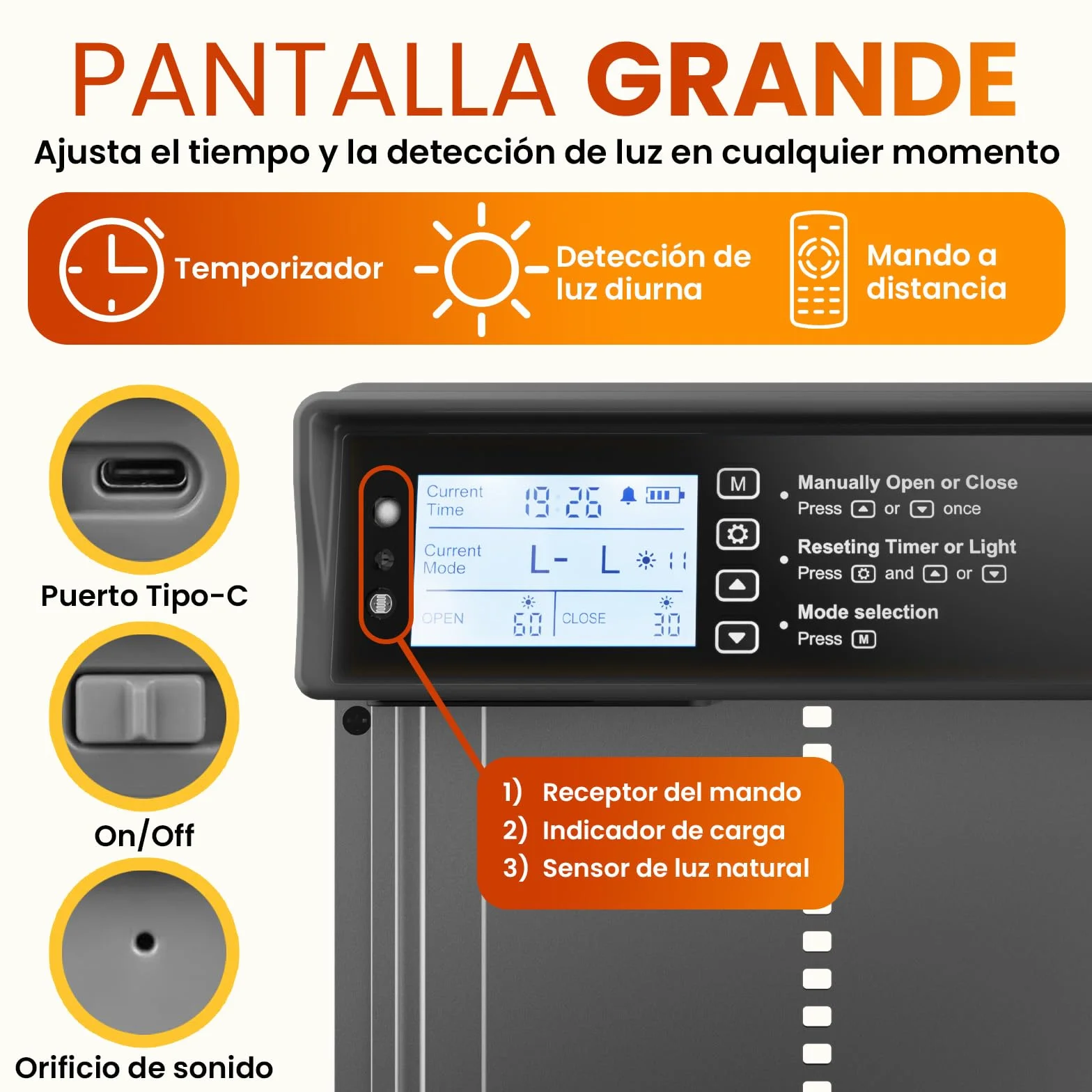 Puerta Gallinero Automatica Solar con Mando a Distancia, Sensor de Luz y Temporizador - Gris
