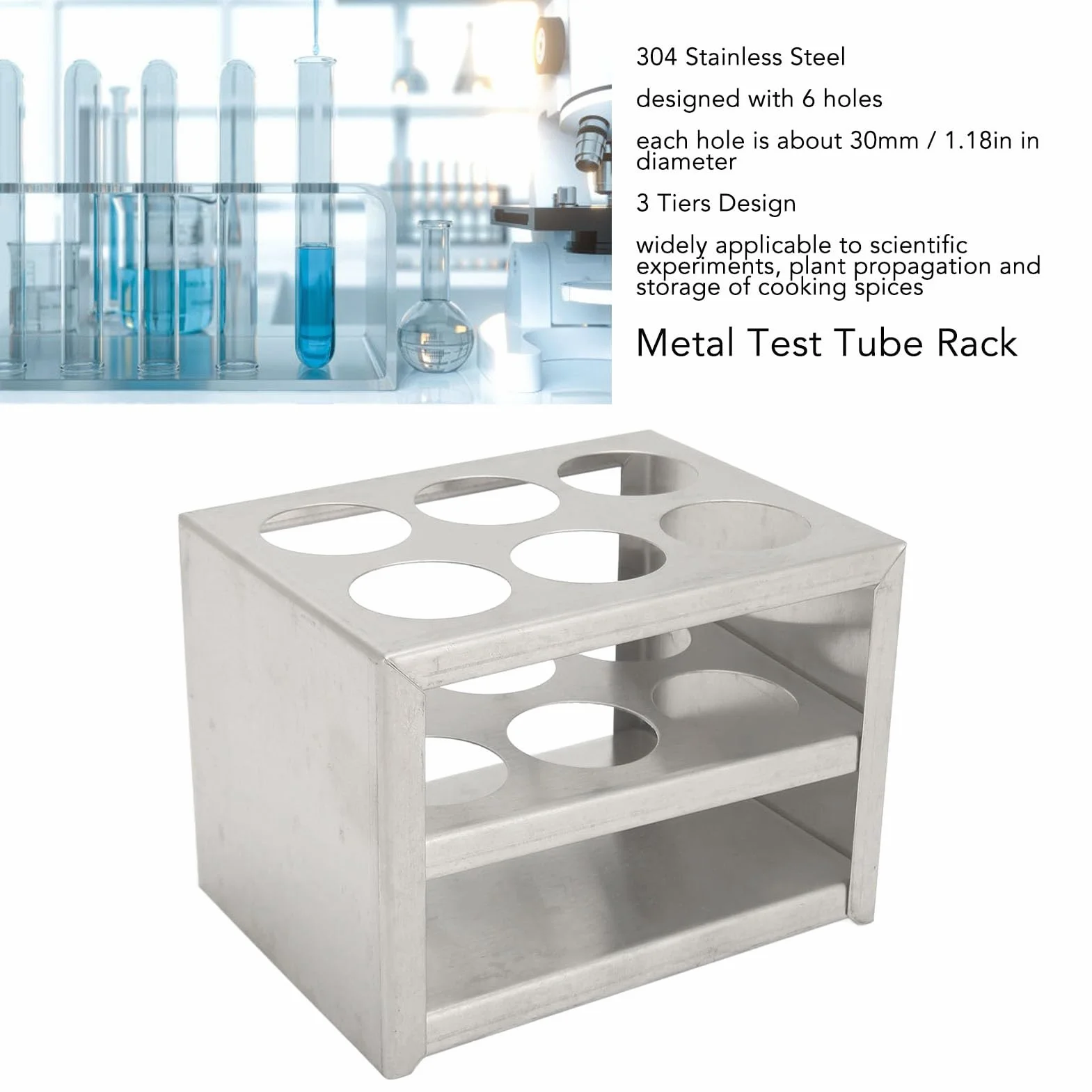 Soporte para Tubos de Ensayo de Acero Inoxidable 30mm 6 Orificios 3 Niveles 50ml