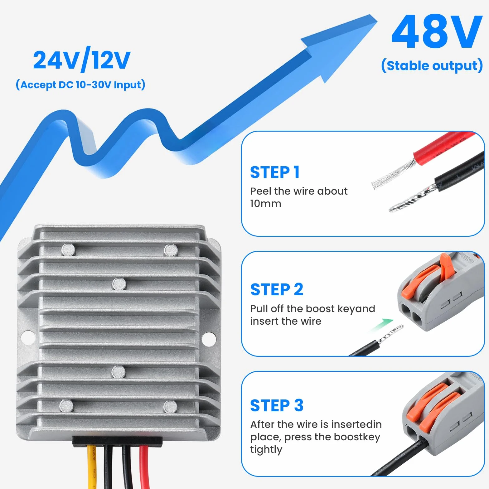 Convertidor de Voltaje DC/DC 12V a 48V 5A 240W Elevador de Tensión Impermeable IP67