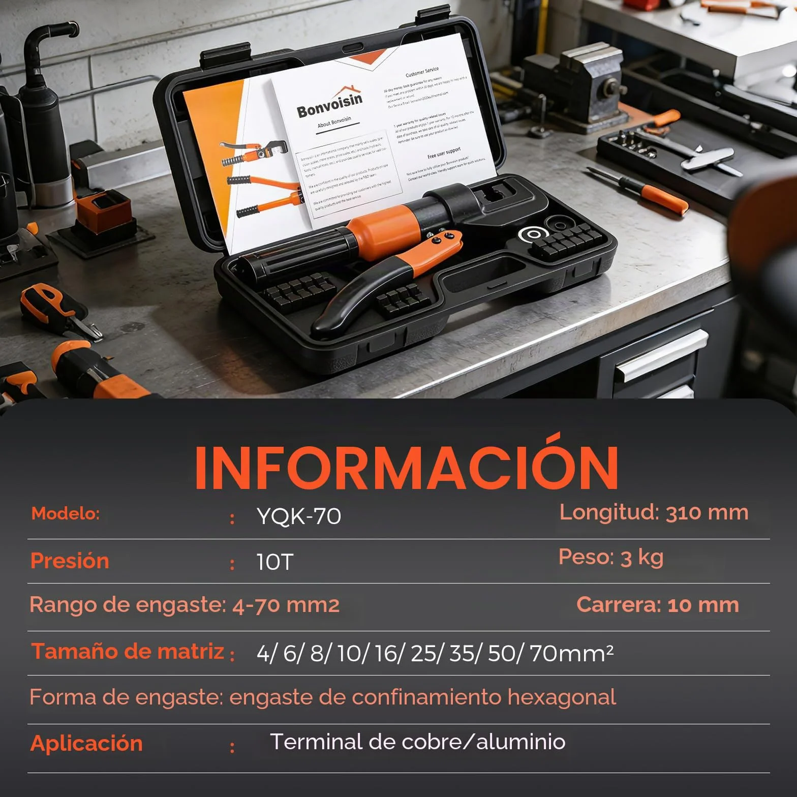 Bonvoisin Crimpadora Hidráulica 9 Juegos de Moldes 4-70mm Cuadrados Mango Aislado Cuerpo de Acero