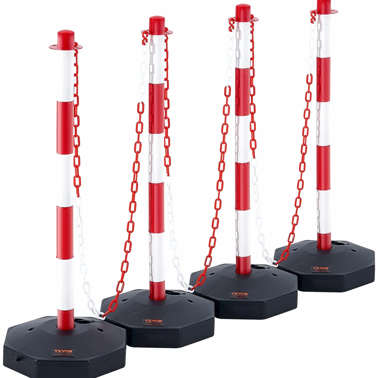 VEVOR Poste de Tráfico 4 Piezas Base Rellenable Cono Altura Ajustable Cadena 2,4 m Rojo y Blanco
