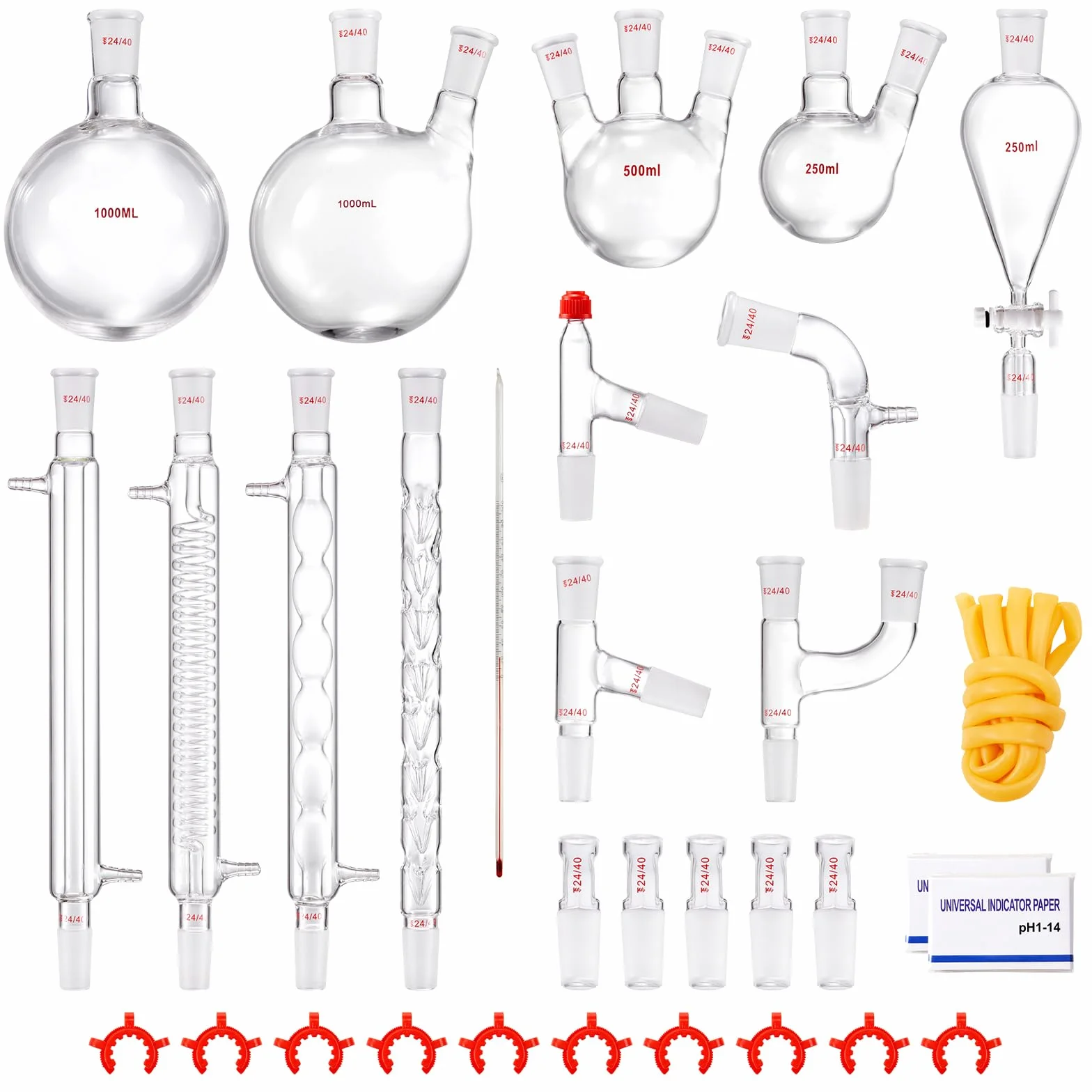VEVOR Kit de destilación de vidrio de laboratorio 3.3 Boro 1000 ml 32 piezas con compuestos 24/40