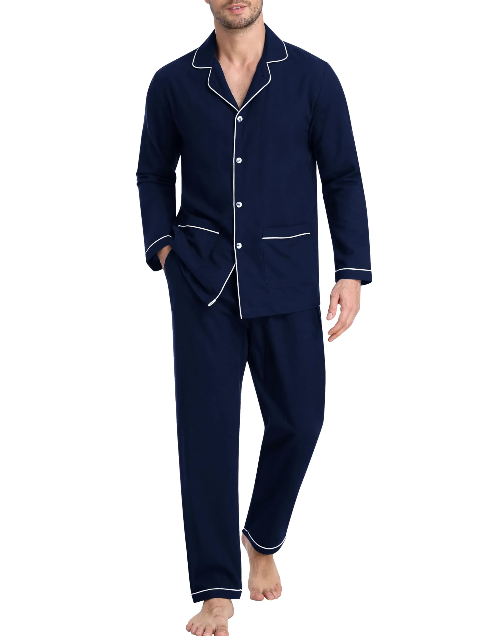 MoFiz Pijamas Largo Hombre Invierno Algodón Conjunto de Pijama con Botones a Cuadros Suave Ropa de Dormir Manga Larga Camisetas de Pijama y Pantalones con Bolsillos