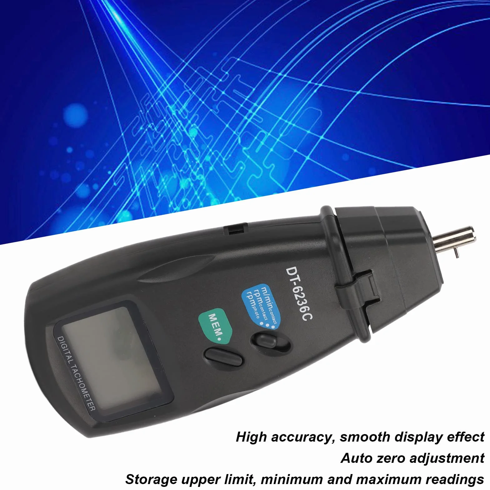 Tacómetro Digital DT6236C 2 en 1 Medidor de RPM Optoelectrónico Contacto y Sin Contacto 19999RPM