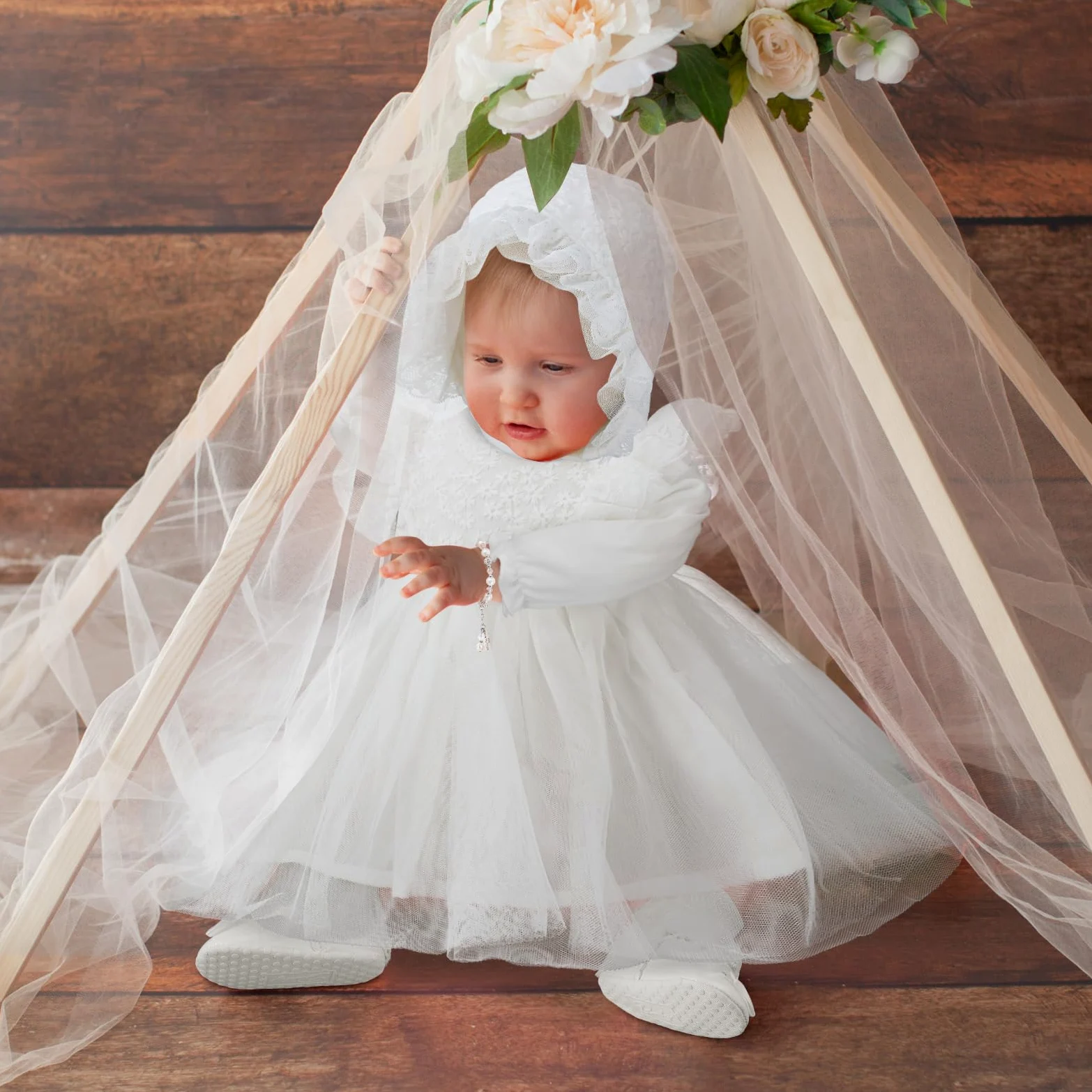 Juego de 5 piezas de vestido de bautizo para niña, incluye vestidos de bautizo, sombrero, cruz, pulsera, calcetines, zapatos