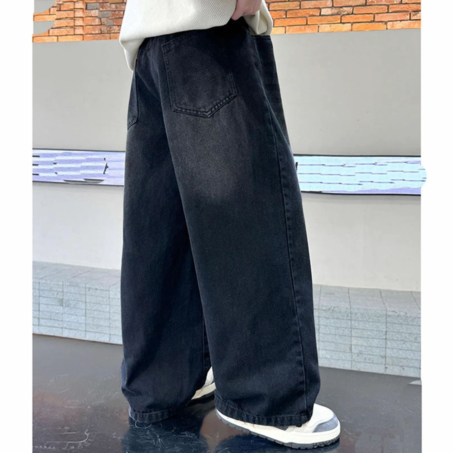 Jeans holgados para niños, cintura elástica, pantalones de mezclilla clásicos rectos de pierna ancha para niños de 6 a 14 años