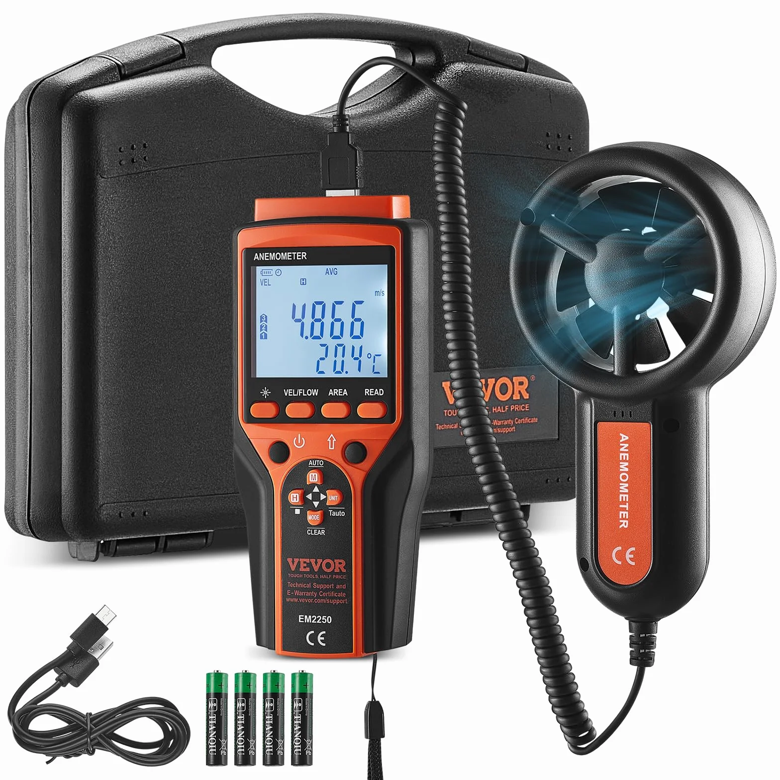 VEVOR Anemómetro Portátil Digital con Pantalla LED Medidor Velocidad Viento CFM -10~60°C para HVAC Drones Navegar