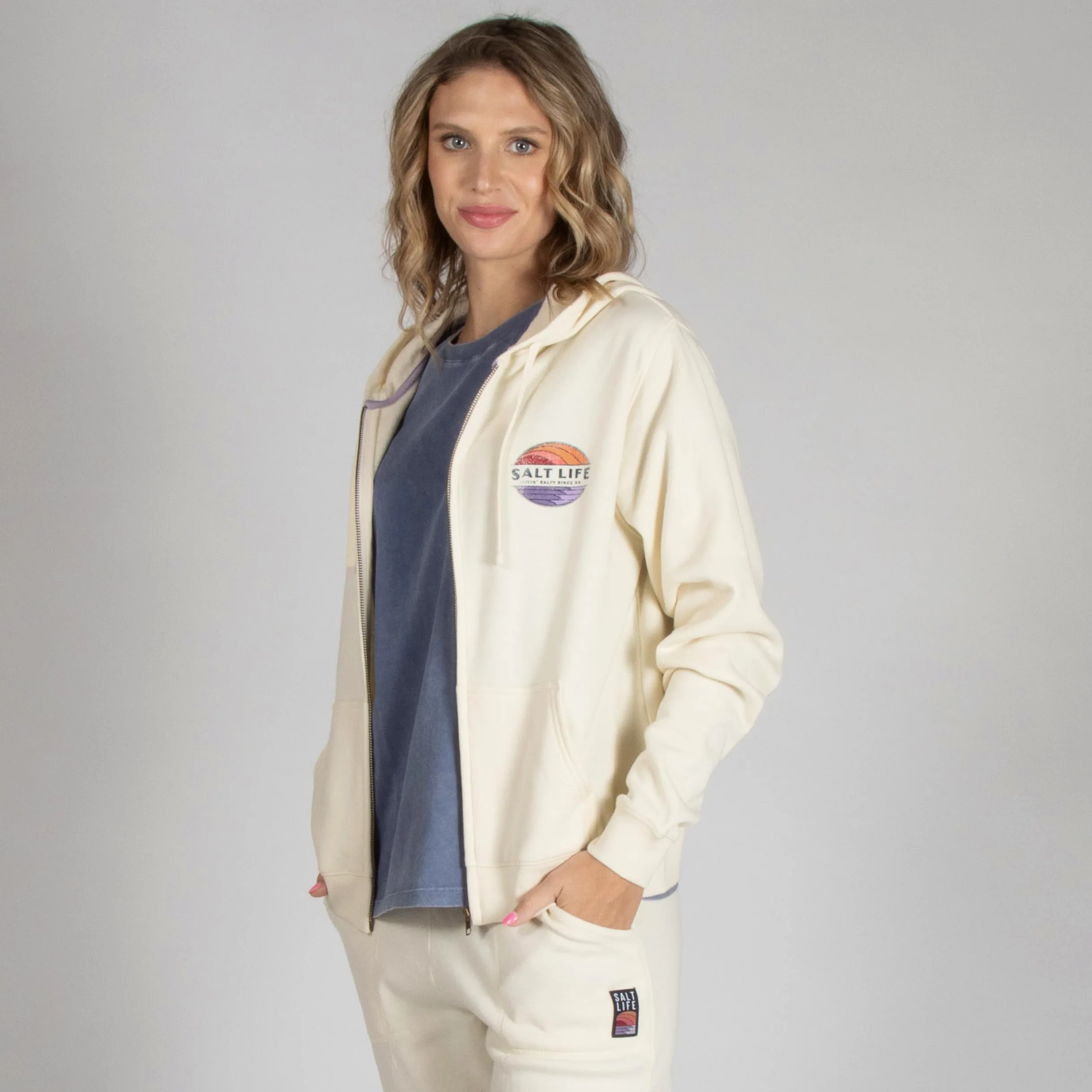 Salt Life Saltsations - Sudadera con capucha con cremallera frontal para mujer, Marfil, M