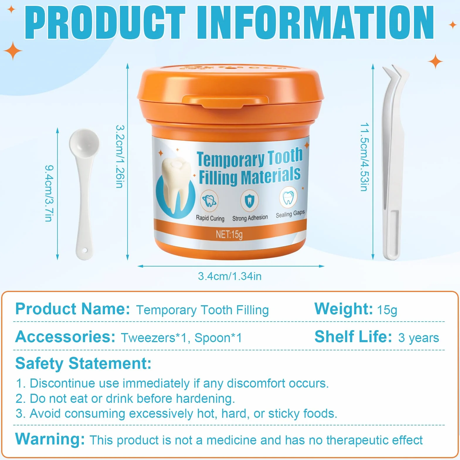 Empaste Dental Profesional, Cemento Dental para Relleno Temporal de Caries y Restauración de Emergencia, 15g