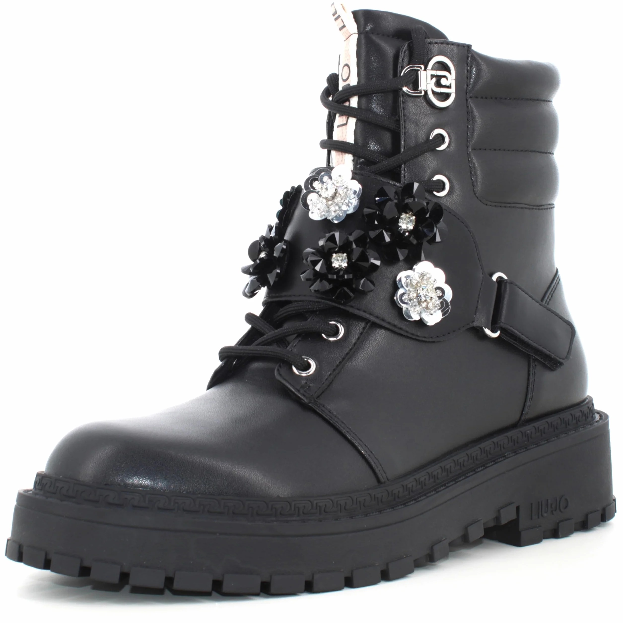 Liu Jo Botas Militares con Flores de Cristal, Negro, Cuero, Suela de Goma, Estilo Combat (Negro, Mediano, Sistema tallas calzado EU, Adulto, Números, mediano, 39)