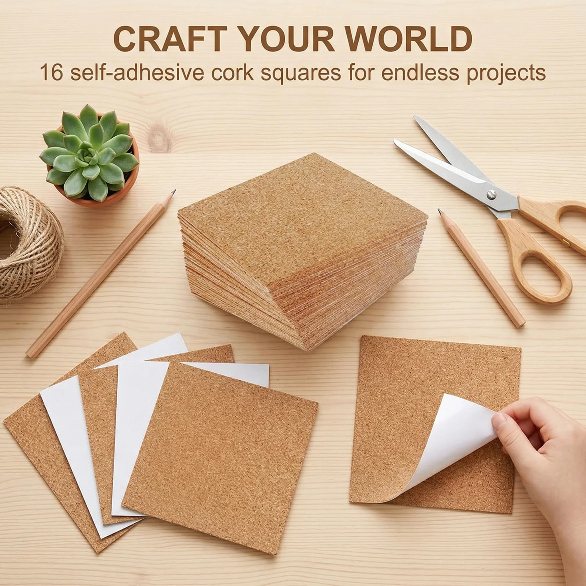 Láminas Corcho Autoadhesivo 100x100x2mm Pack 16 – Placas Cuadradas Corcho Natural Extra Grueso