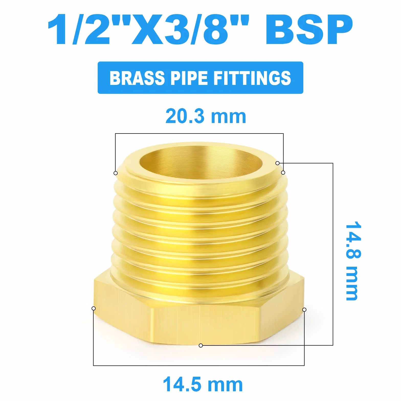 Reductor de latón hexagonal 3/8" BSP hembra a 1/2" BSP macho accesorio de tubería roscada