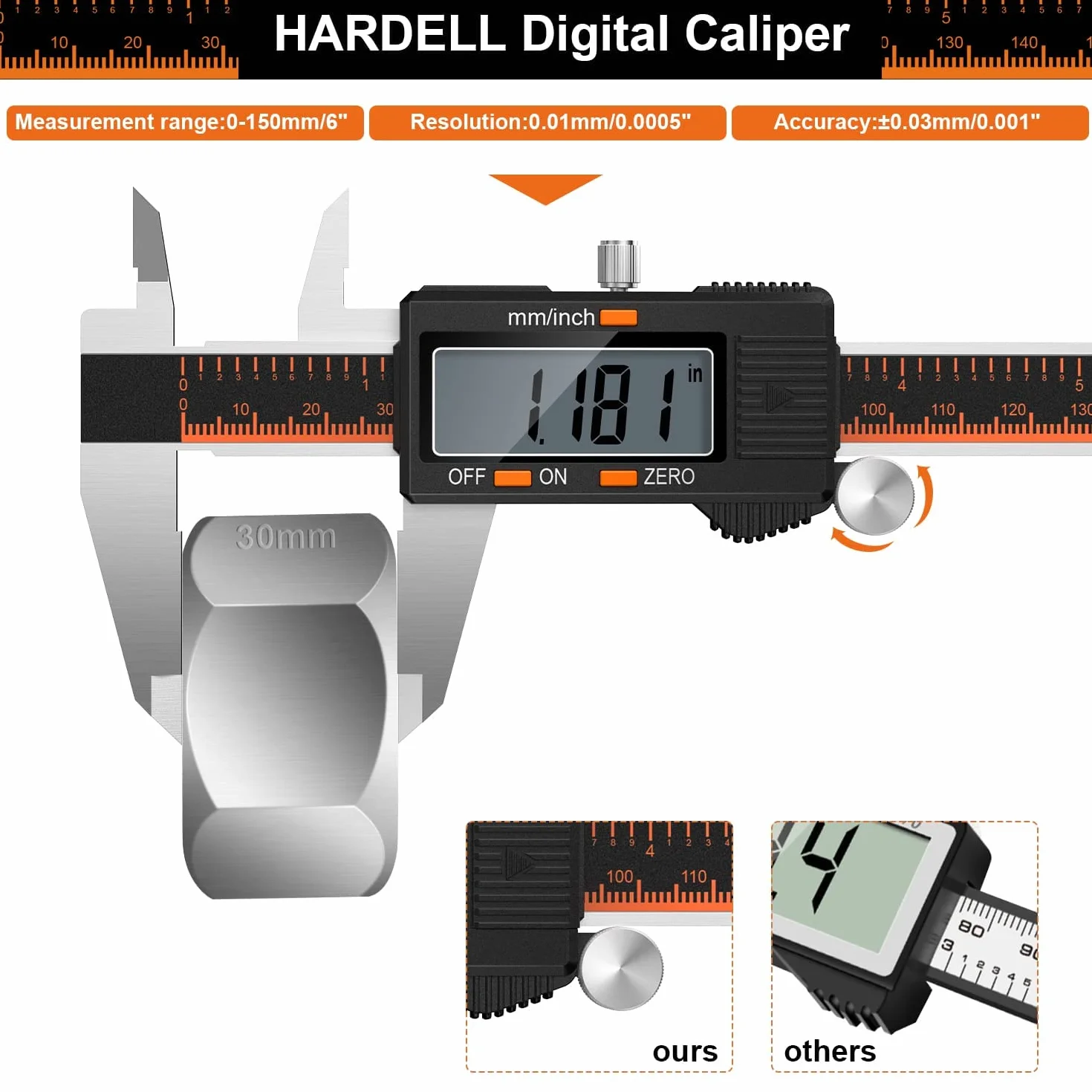HARDELL Calibre Digital 150mm Pie de Rey Acero Inoxidable con Pantalla LCD