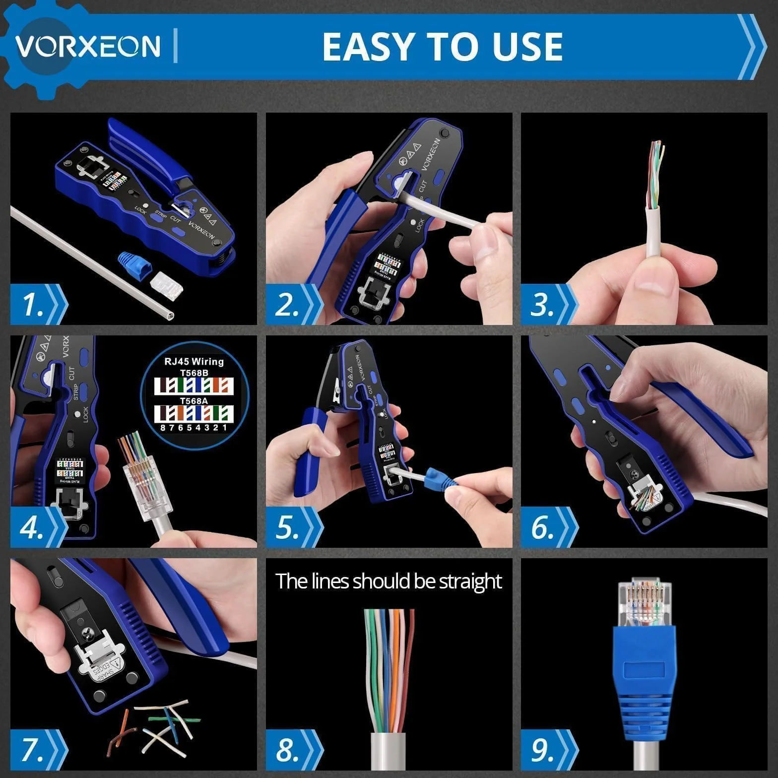 Crimpadora RJ45 Cat 6 Cat5 Cat5e Alicates de Terminales para Cables de Red y Telefonía con Conectores Pasantes 50PCS