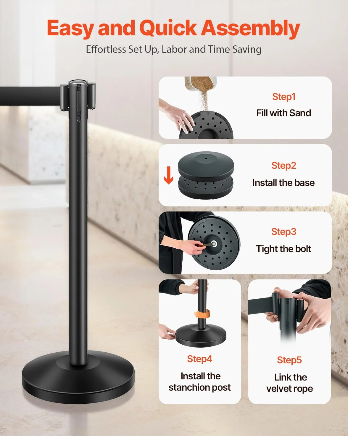 VEVOR 8 PCS Poste de Estaca de Acero al Carbono de 2 m con Base Hueca de Inyección de Arena, Cinturones Retráctiles Negros y 2 Soportes para Letreros, Negro