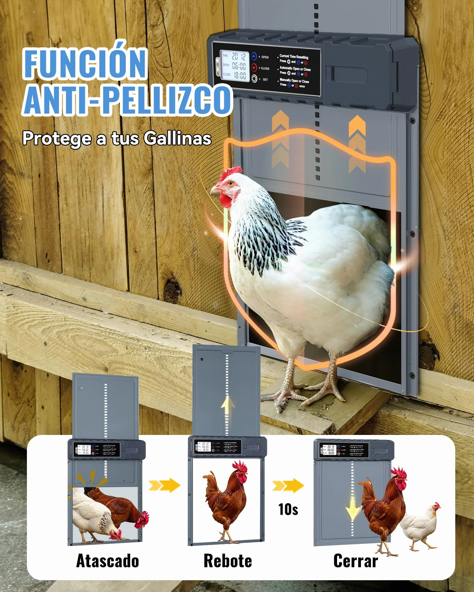 Puerta Gallinero Automatica XL Panel Solar 3W Aluminio Gris Antipinzamiento