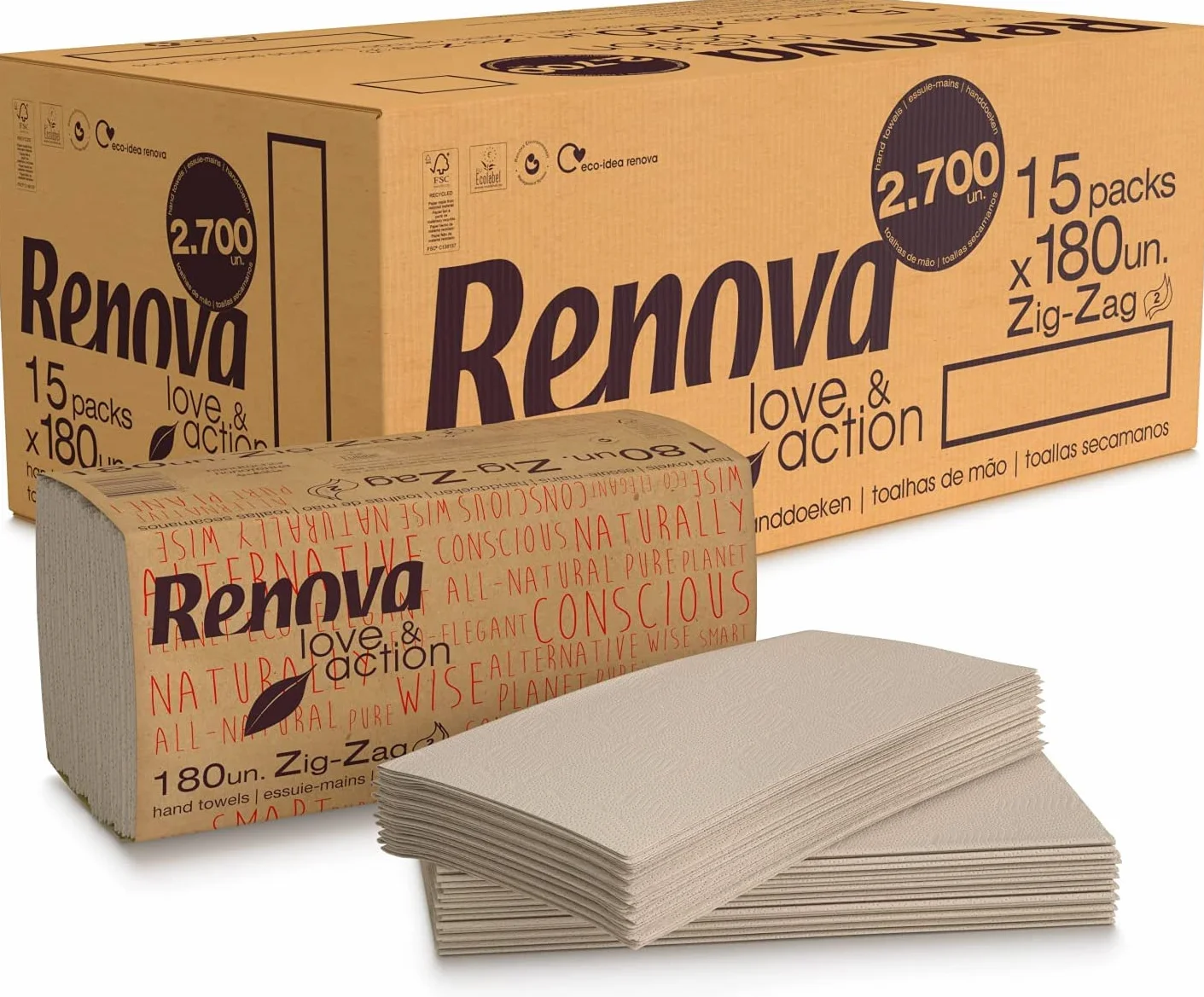 Renova Toallas Secamanos Zig-Zag Love&Action 15 Paquetes 180 Unidades Papel Kraft Ecológico 2 Capas Certificado FSC Ecolabel
