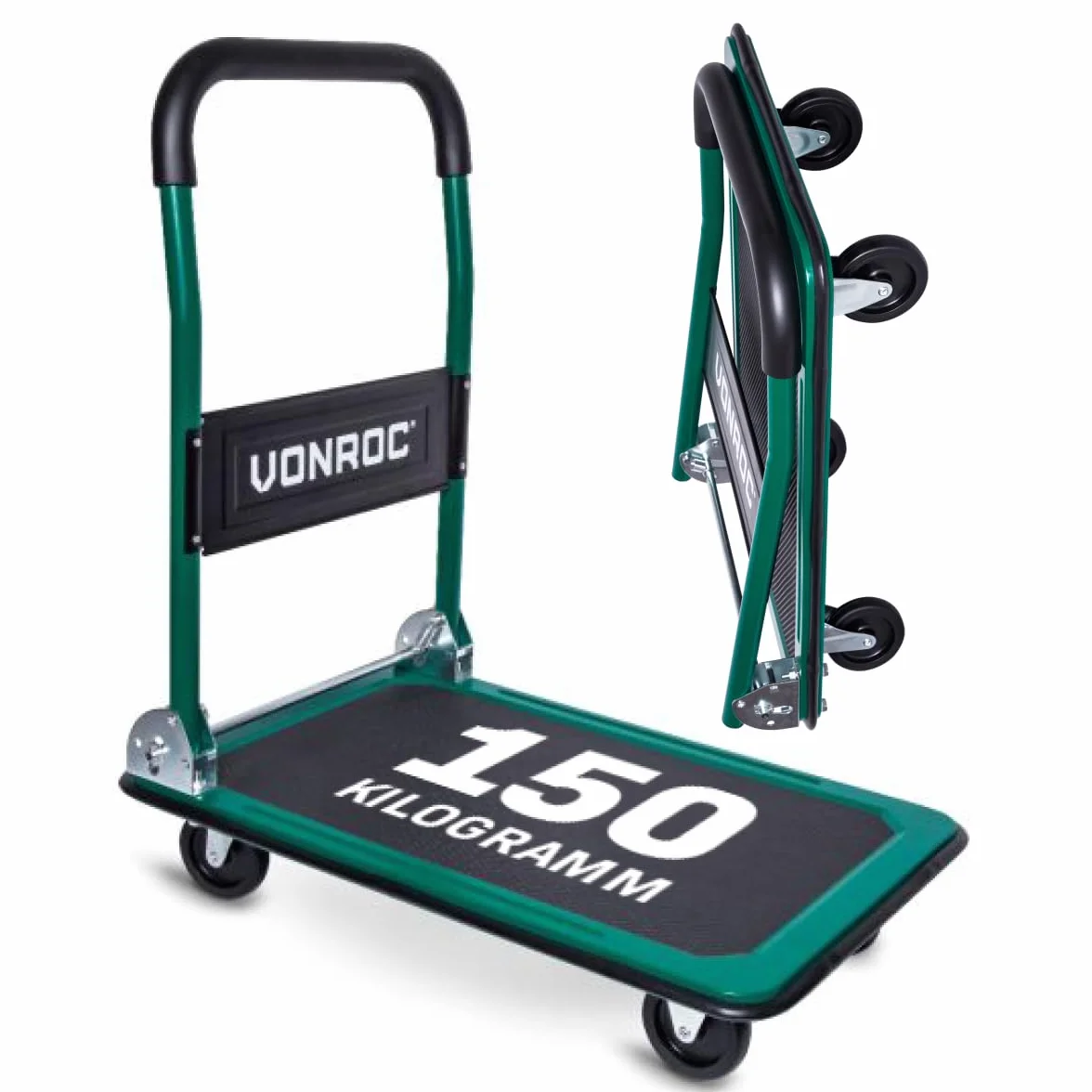 VONROC Carretilla Plegable 150 kg Plataforma Antideslizante 47x73 cm Ruedas 360°