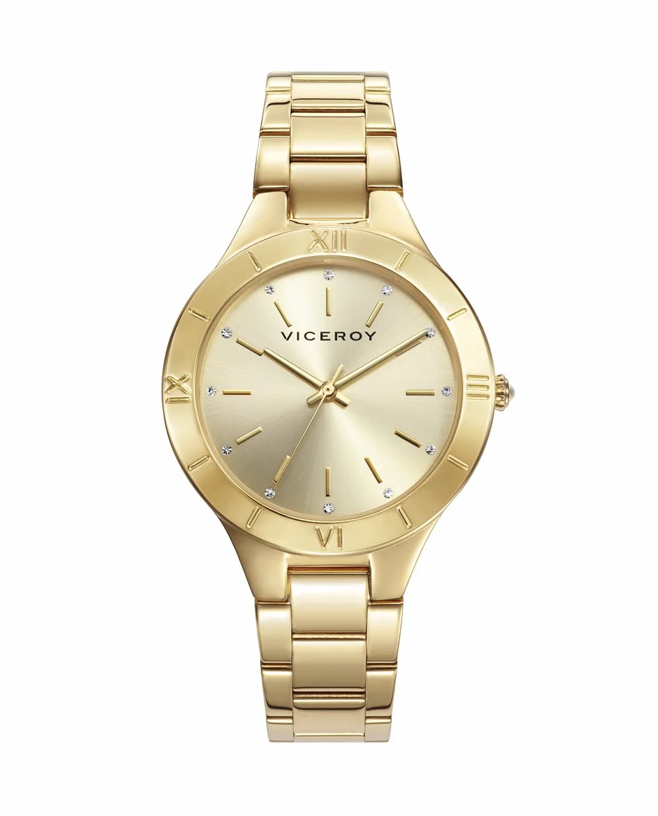 Viceroy Reloj Analógico Mujer de Acero Inoxidable - 35 mm - Movimiento de Cuarzo - Esfera Dorada con Circonitas - Acabado Dorado - Resistente al Agua 3 ATM - Colección Chic – 401056-27