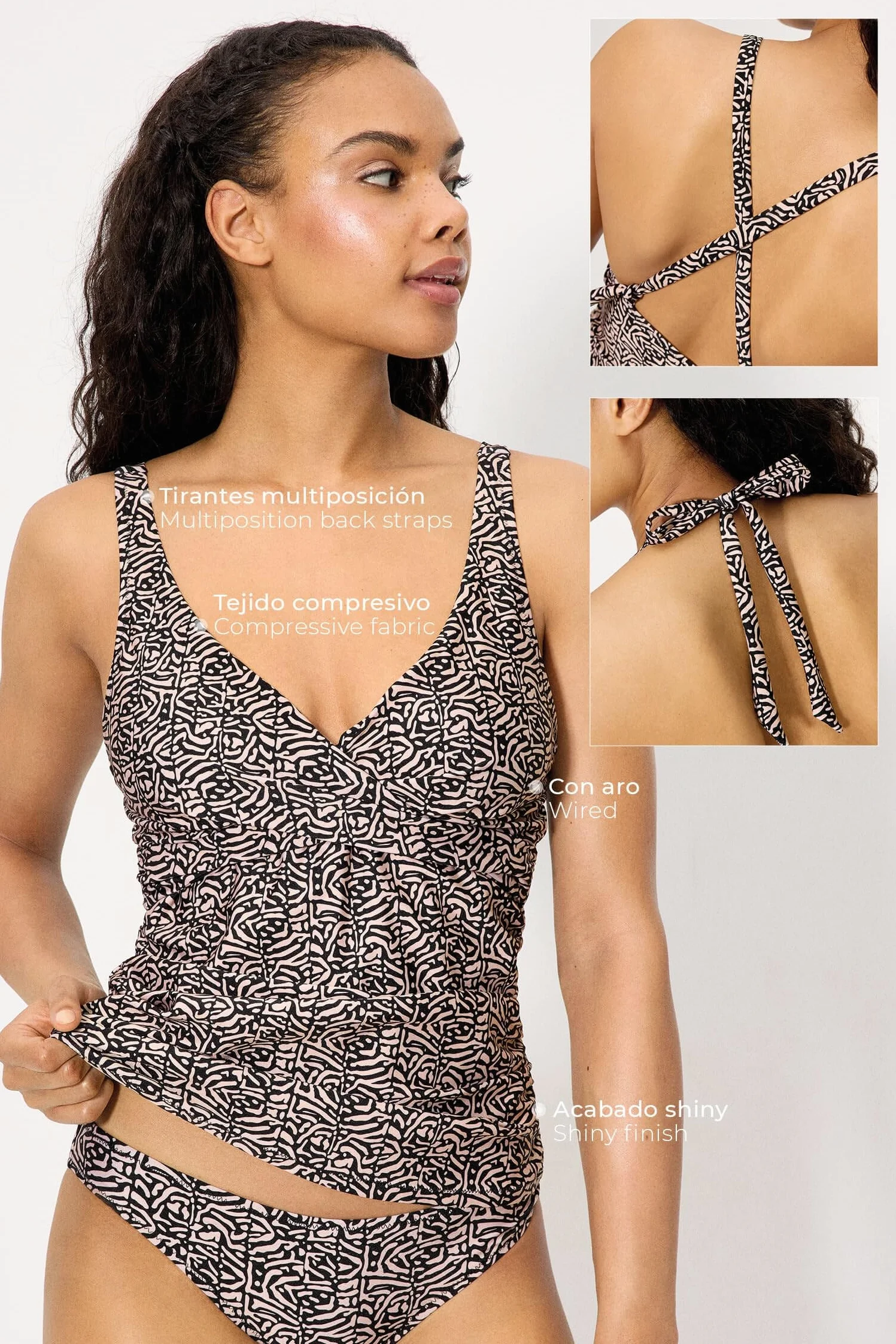 YSABEL MORA. Top Tankini Reductor Estampado con Brillo Copa C. Sin Aro con Copas De Relleno Extraíble. Tirantes con Opción De Dos Posiciones. Acabado Brillante. Colección Coast.