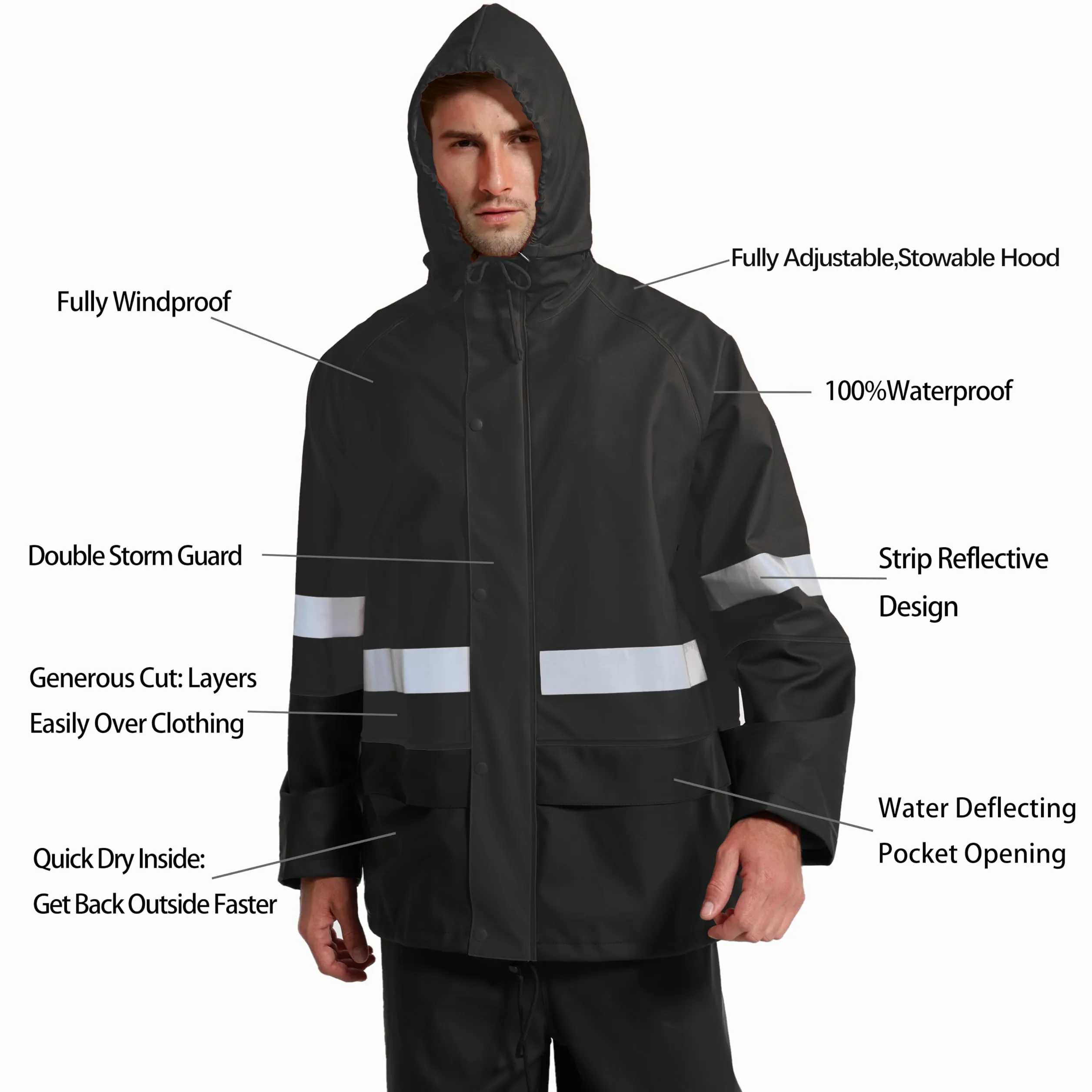 Traje de Lluvia Hombre Impermeable PU - Chaqueta y Peto Ajustable con Capucha Extraíble para Pesca, Construcción, Trabajo y Outdoor
