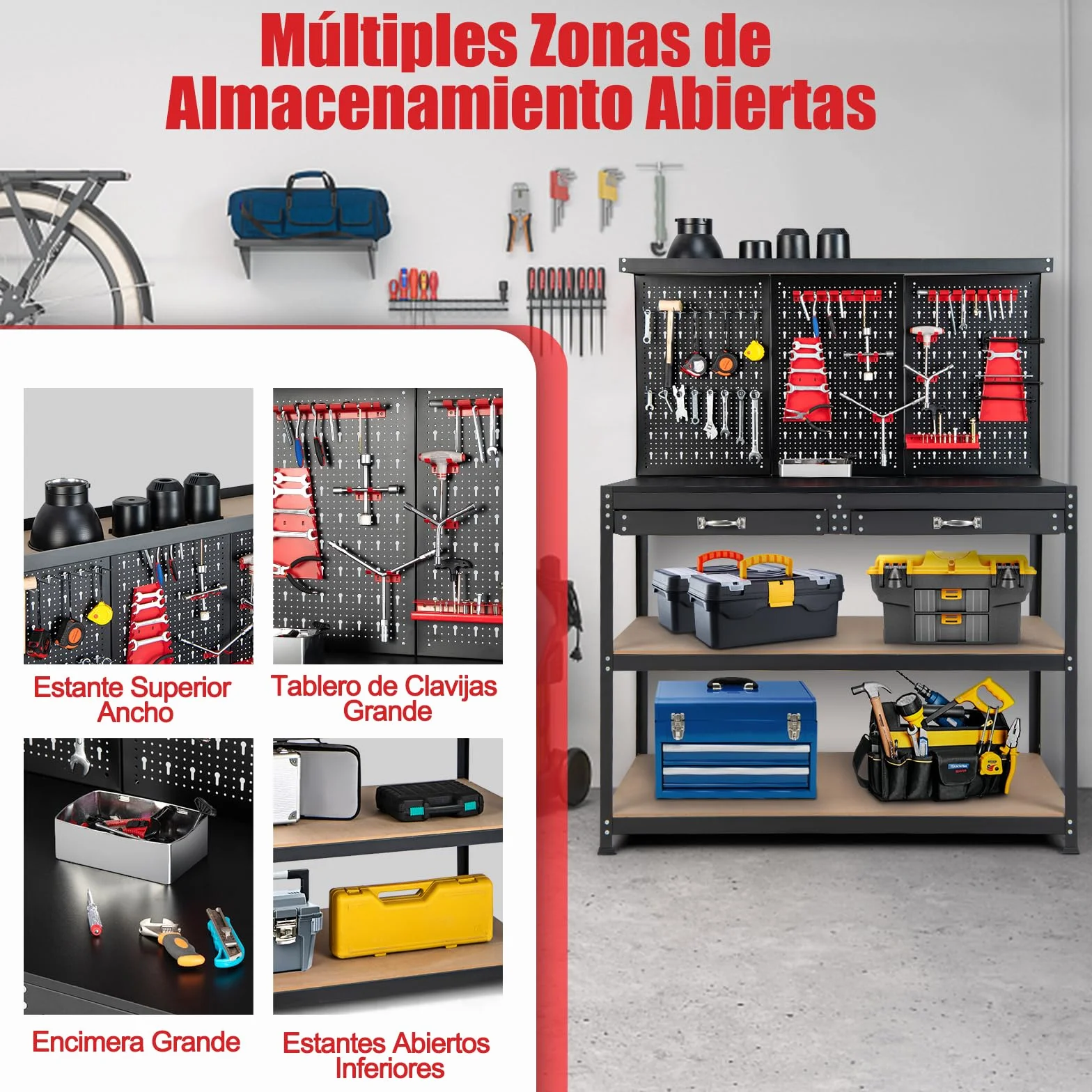 GOPLUS Banco de Trabajo con Panel Perforado, 121x61x156 cm, Organizador de Herramientas