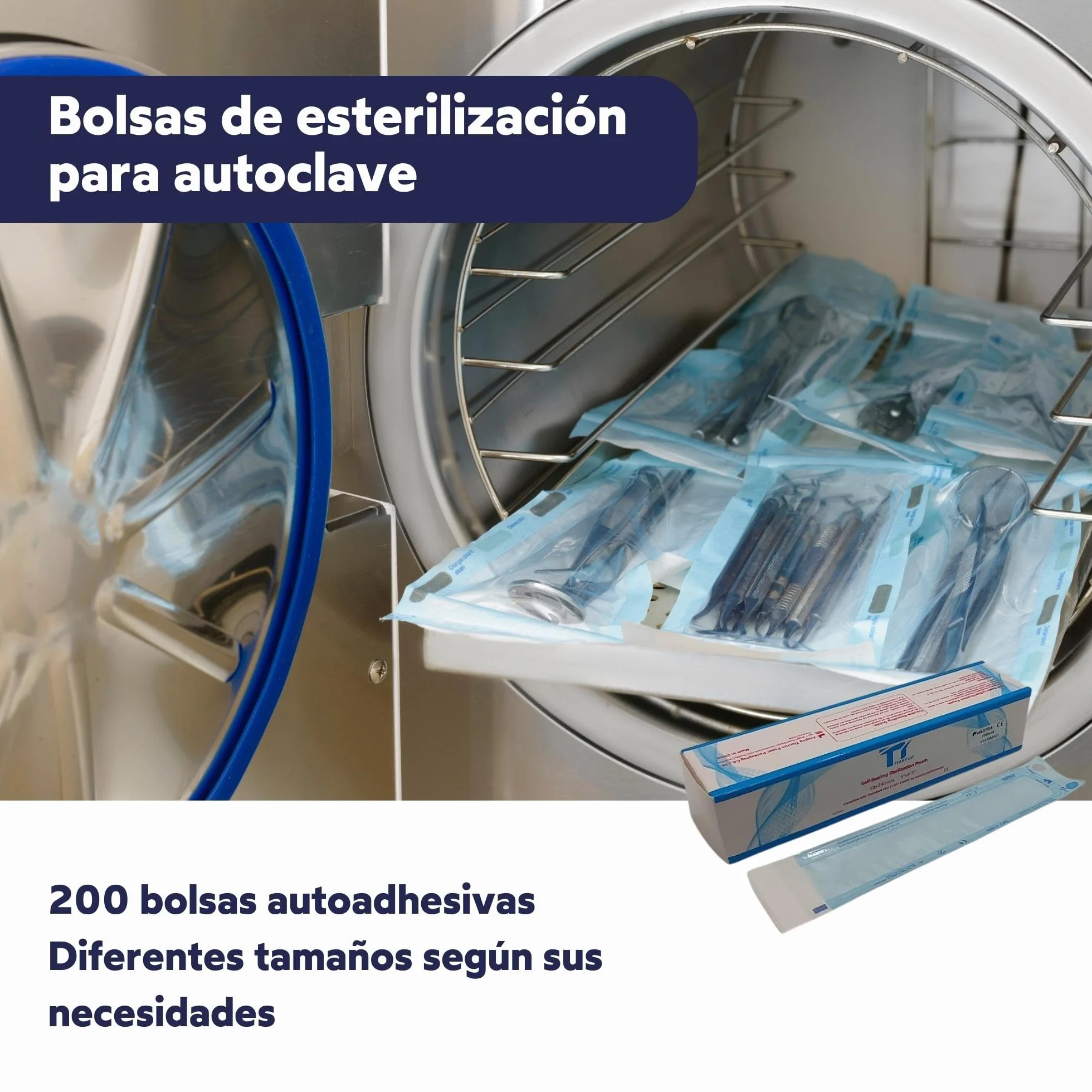 Bolsas de Esterilización Autoadhesivas 200 uds 90x260mm para Herramientas Dentales Tatuajes Manicura