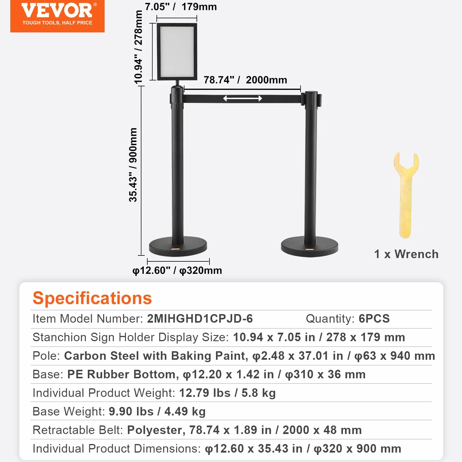 VEVOR Poste Guía 8 Piezas 93 cm Barrera de Marcado Control Multitudes Cinturón Retráctil 200 cm Acero Carbono Negro