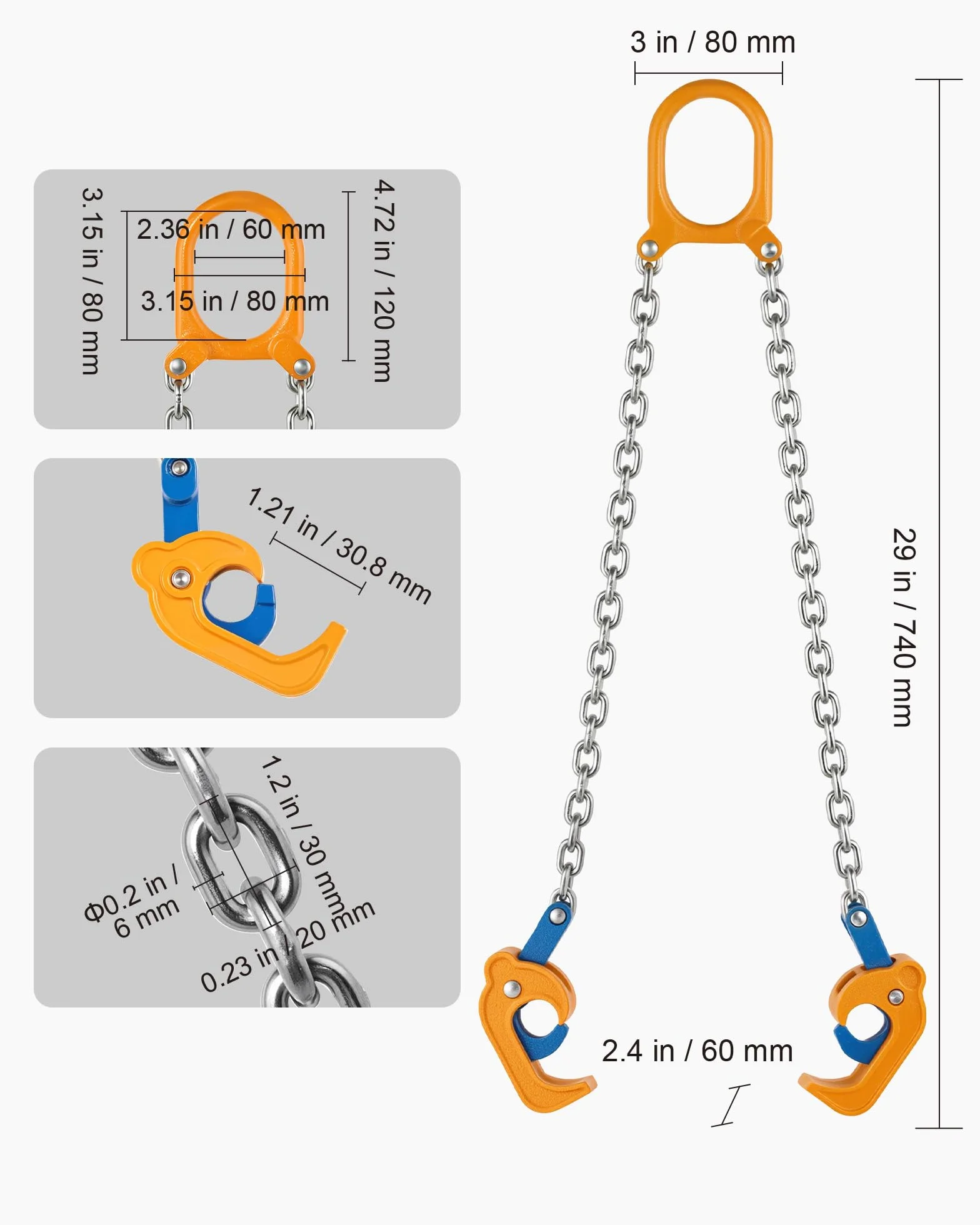 VEVOR Elevador de Bidones de Cadena G80, Eslinga con Gancho de Seguridad Reforzado, Capacidad 0,9 T, Acero al Carbono, 740 x 80 x 50 mm