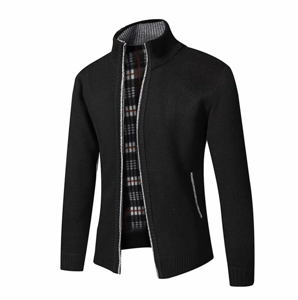 Cárdigan de Punto para Hombre, suéter Grueso con Cremallera Completa y Cuello Alto, cálido suéter con Forro Polar para Invierno